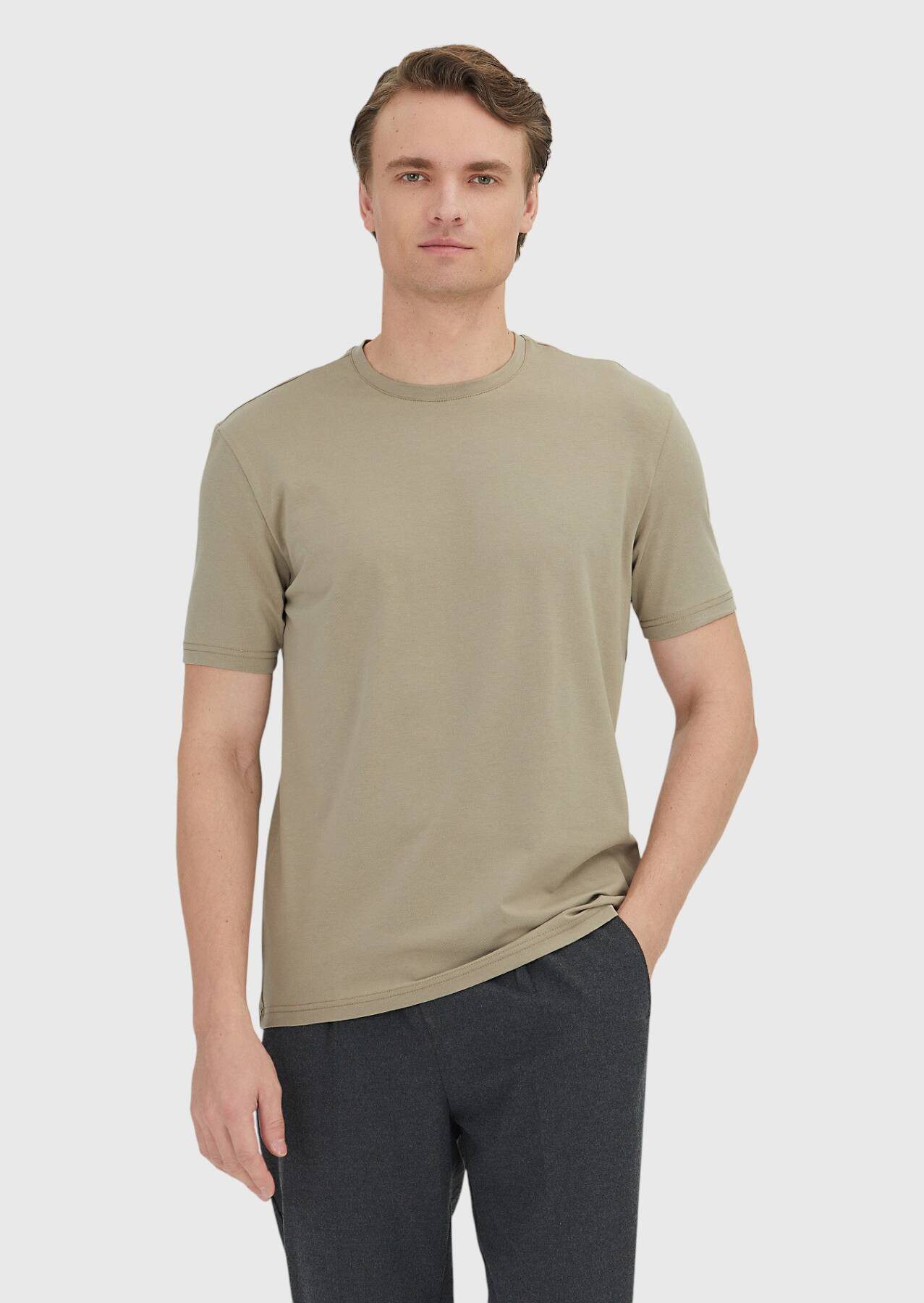 RAMSEY T-Shirt Buff Plain Rundhals-T-Shirt aus Baumwollmischgewebe