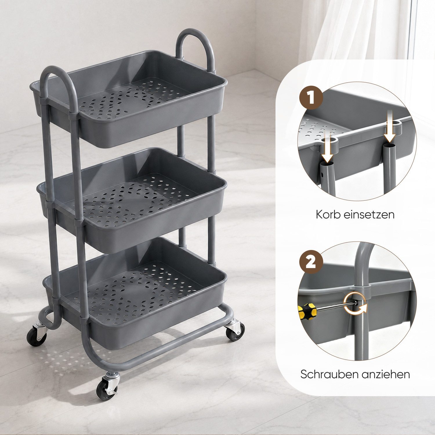 Sekey Servierwagen Rollwagen badezimmer 35cm breit Badezimmerregal mit 3 Ebenen, Servierwagen Wohnzimmer, Küchenwagen,34 x 42.7 x 84.4cm