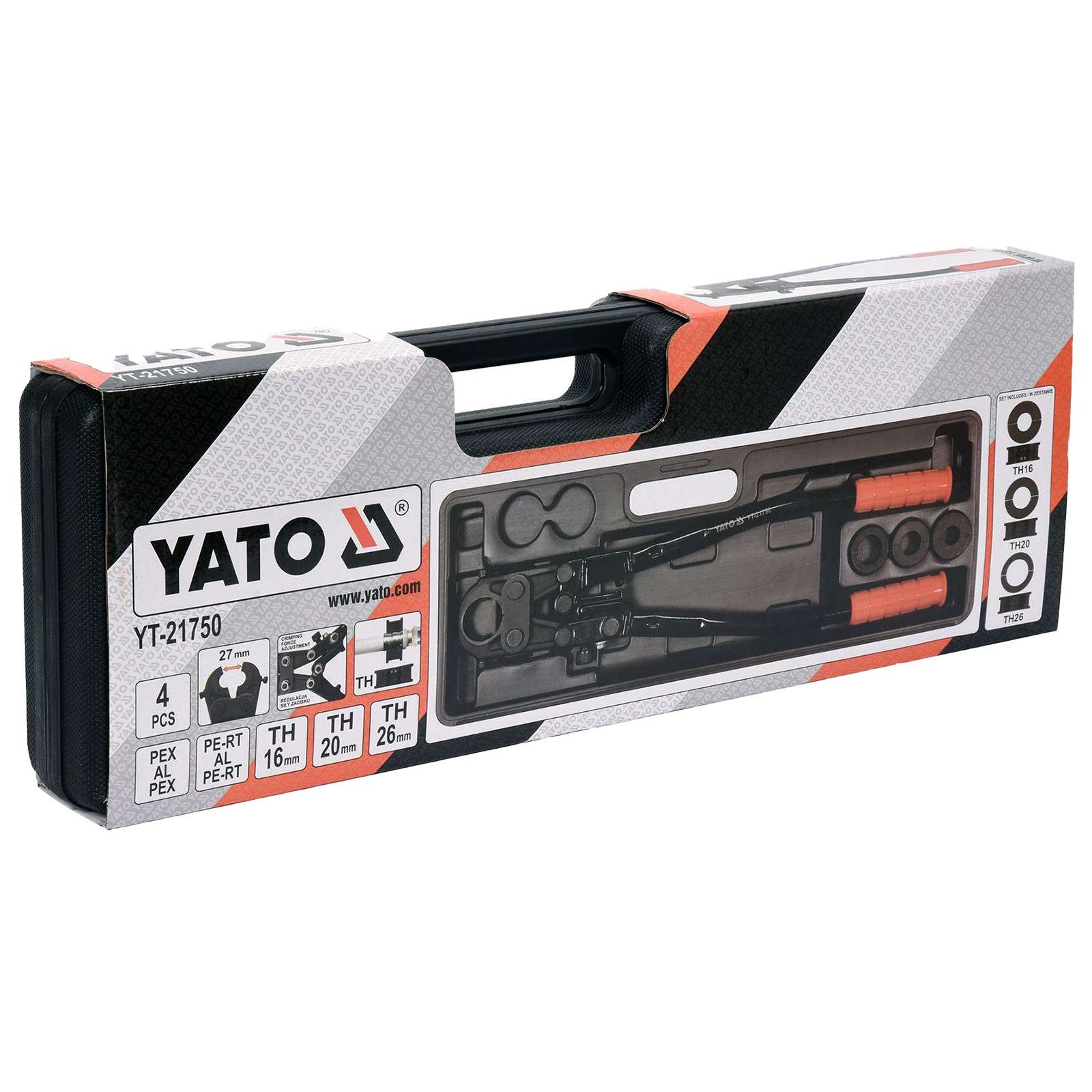 Yato Crimpzange Yato Rohrpress-Zange 4tlg. YT-21750, Zange mit 3 Einsätzen
