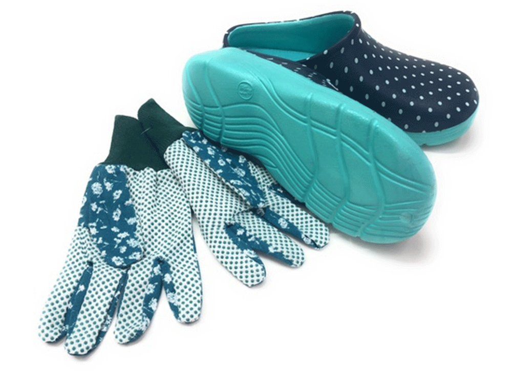 Steinnacher Bärbel Gartenclogs blau mit weißen Punkten und Gartenhandschuhe günstig online kaufen