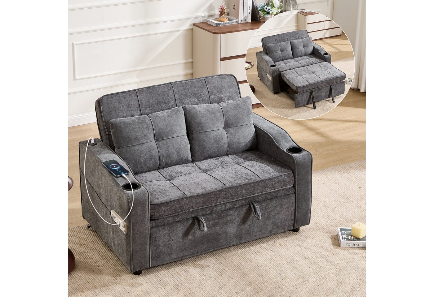 Bonzy Home Schlafsofa 2-Sitzer Schlafsofa, mit Getränkehaltern und Seitentasche, 93*84*125cm, mit Ladeanschluss und Seitentaschen