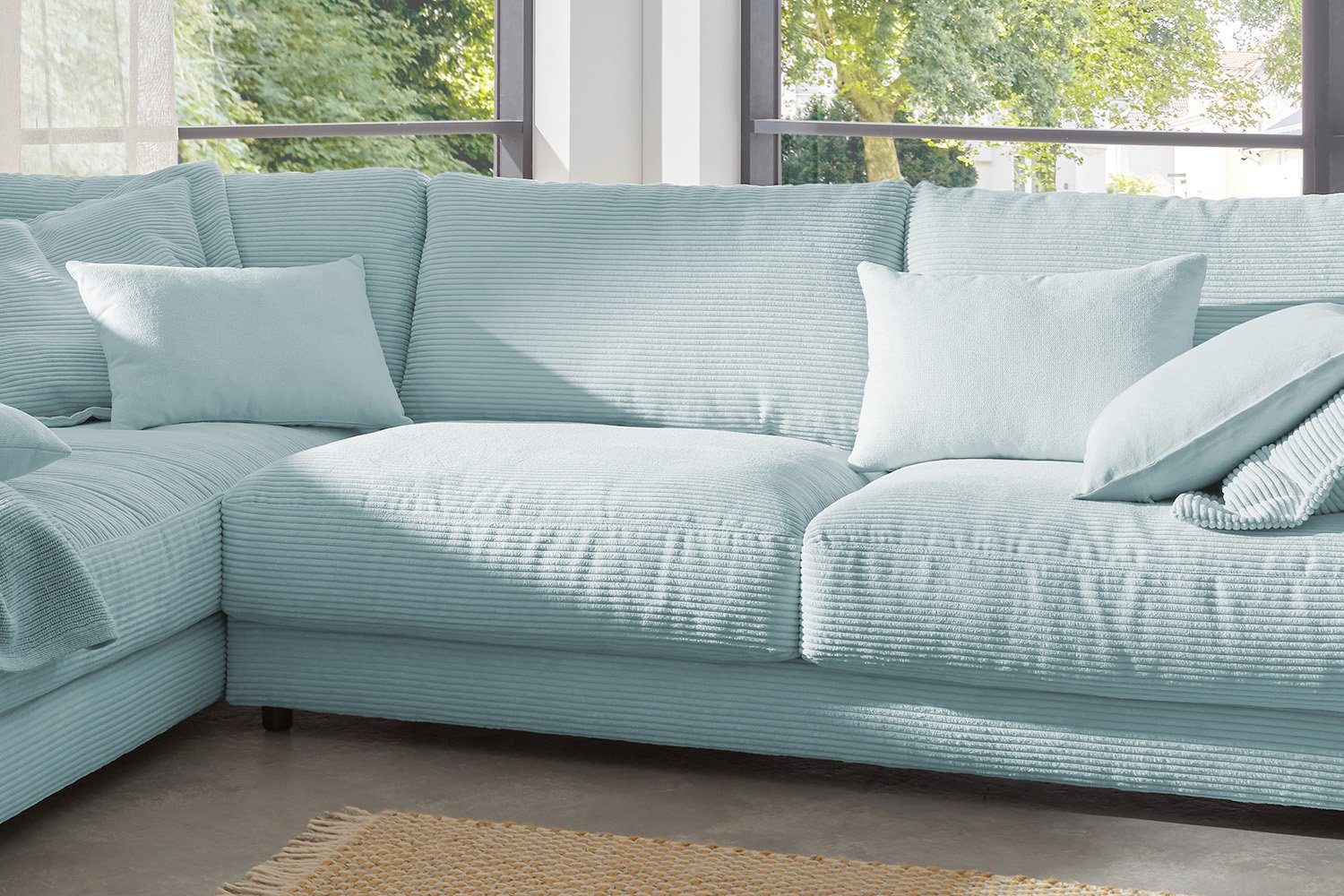 KAWOLA Ecksofa MADELINE, versch. Farben rechts od. Cord, Sofa hellblau Recamiere links