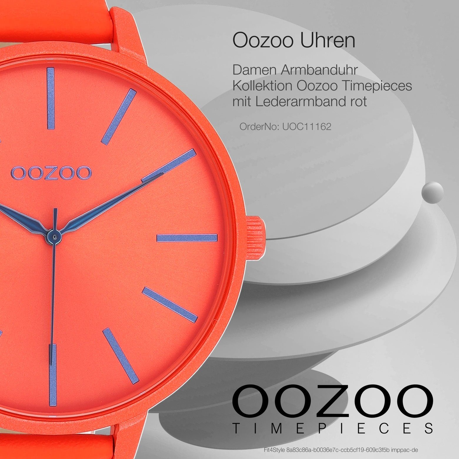 OOZOO Fashion rot,orange, Damen rund, Armbanduhr Quarzuhr groß Oozoo Analog, Lederarmband Damenuhr (ca. extra 48mm), Timepieces