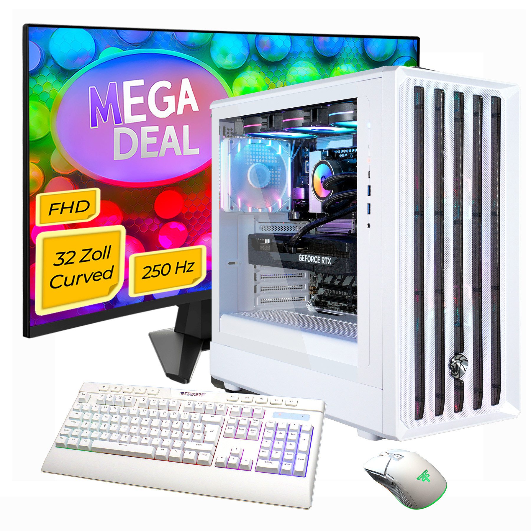 GAMEMAX MegaDeal CLAW WH 2783 AMD Ryzen 5 7500F 32GB DDR5 1TB SSD RTX 5060Ti Gaming-PC-Komplettsystem (32", AMD Ryzen 5 7500F, RTX 5060 Ti, 32 GB RAM, 1000 GB SSD, Windows 11, DDR5 RAM + MSI MAG 32C6 Curved Monitor, 80cm (32)