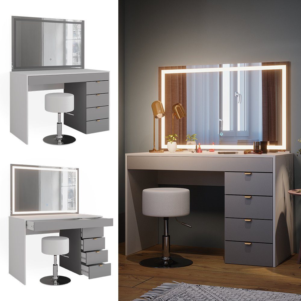 Vicco Schminktisch Elise, Weiß/Grau, 115 cm mit LED Spiegel und Hocker günstig online kaufen
