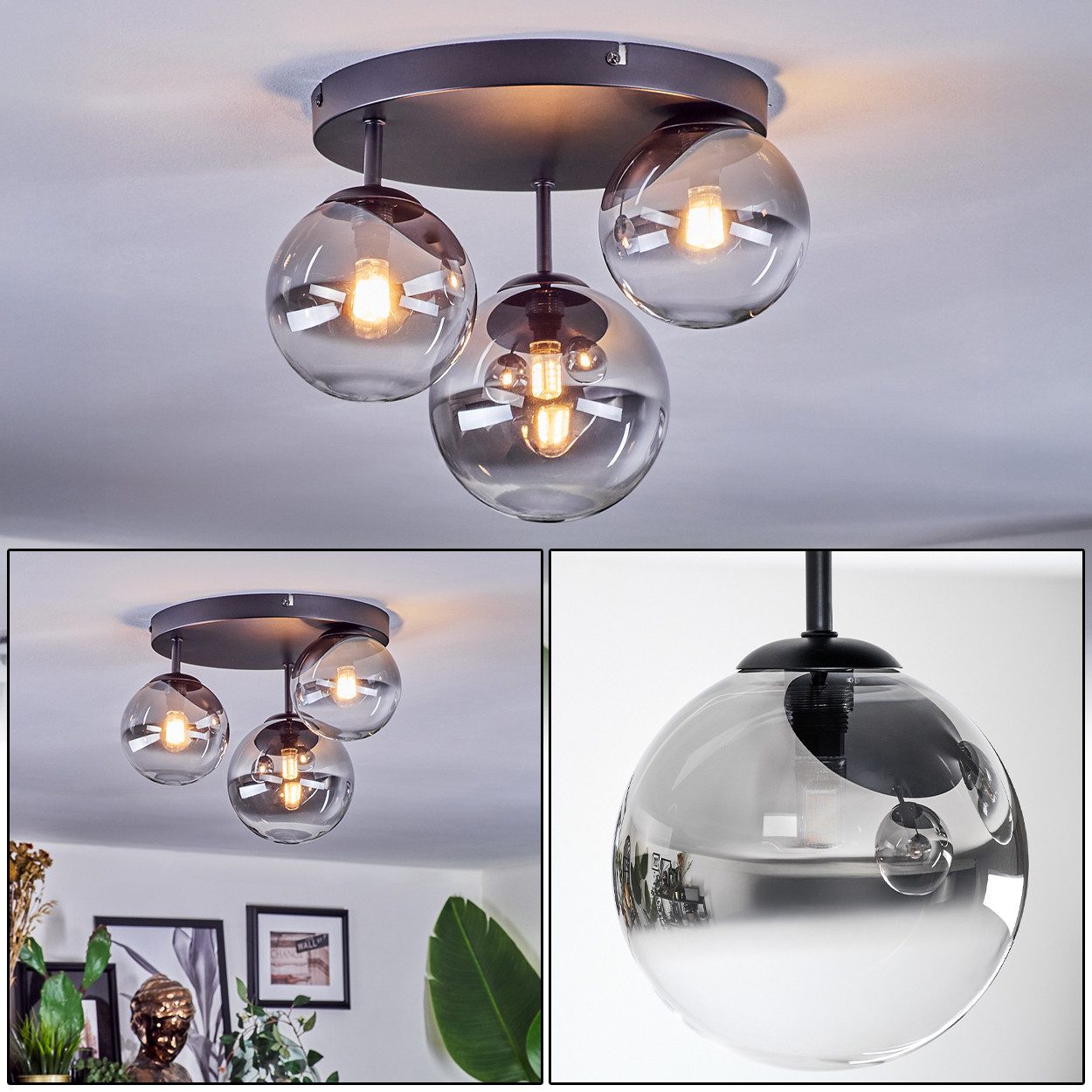 hofstein Deckenleuchte Deckenlampe aus Metall/Glas in Schwarz/Rauchfarben/K günstig online kaufen