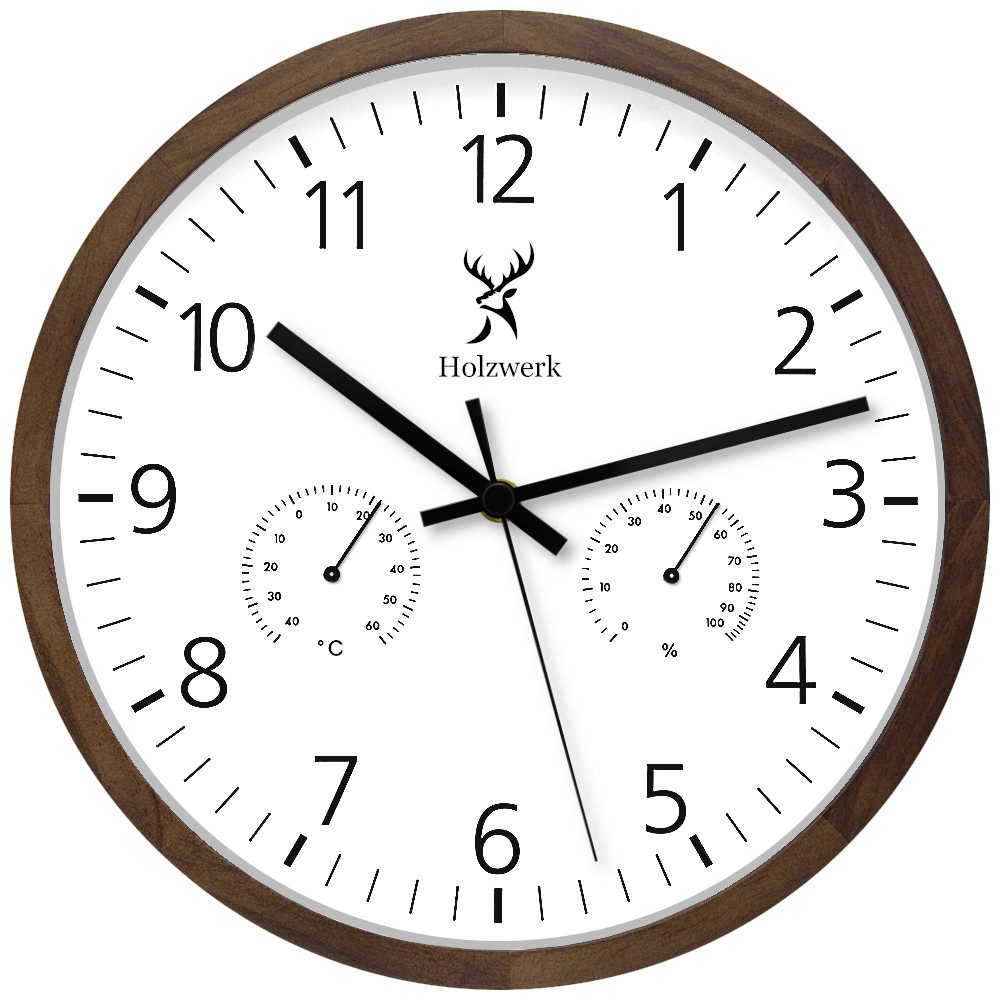 Holzwerk Wanduhr Hygrometer & Thermometer Loft Designer Holz Wand Uhr (Nahezu lautloses Uhrwerk, analog, 30 cm)