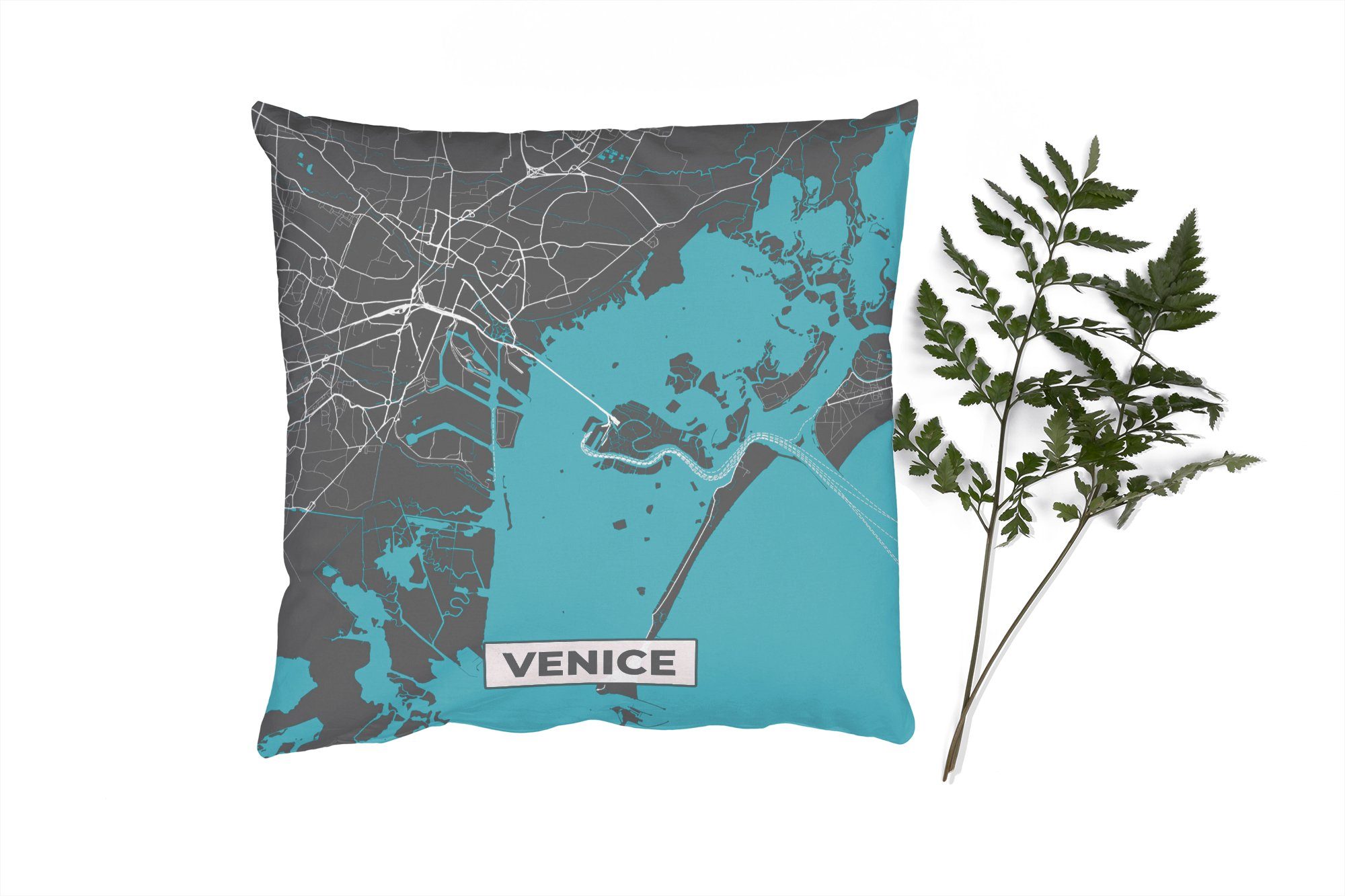 MuchoWow Dekokissen Venedig - Stadtplan - Karte - Blau, Zierkissen mit Füllung für Wohzimmer, Schlafzimmer, Deko, Sofakissen