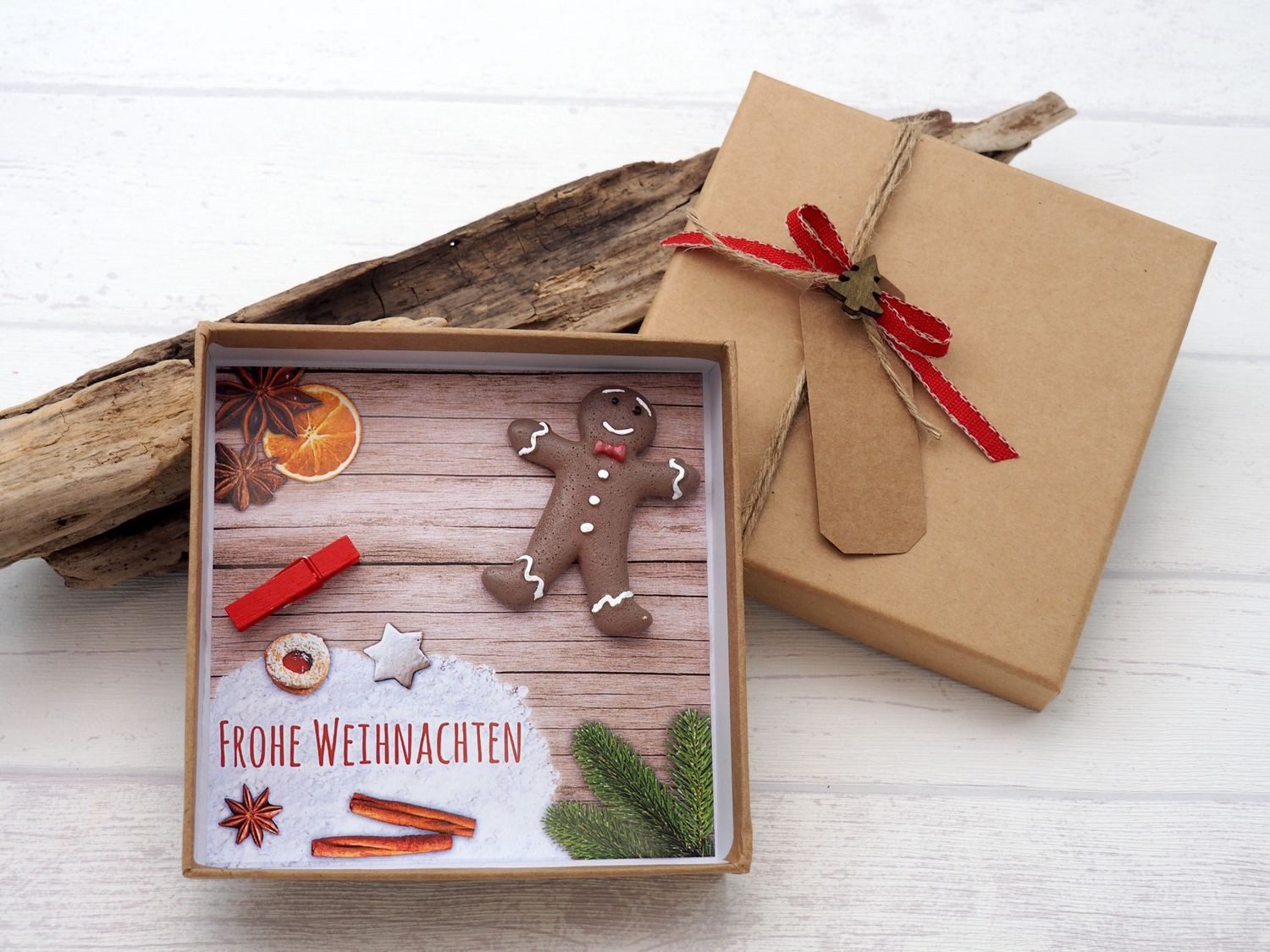 Thumbnail - ZauberDeko Geschenkbox Geldgeschenk Verpackung Weihnachten Lebkuchenmann Rot Natur Gutschein