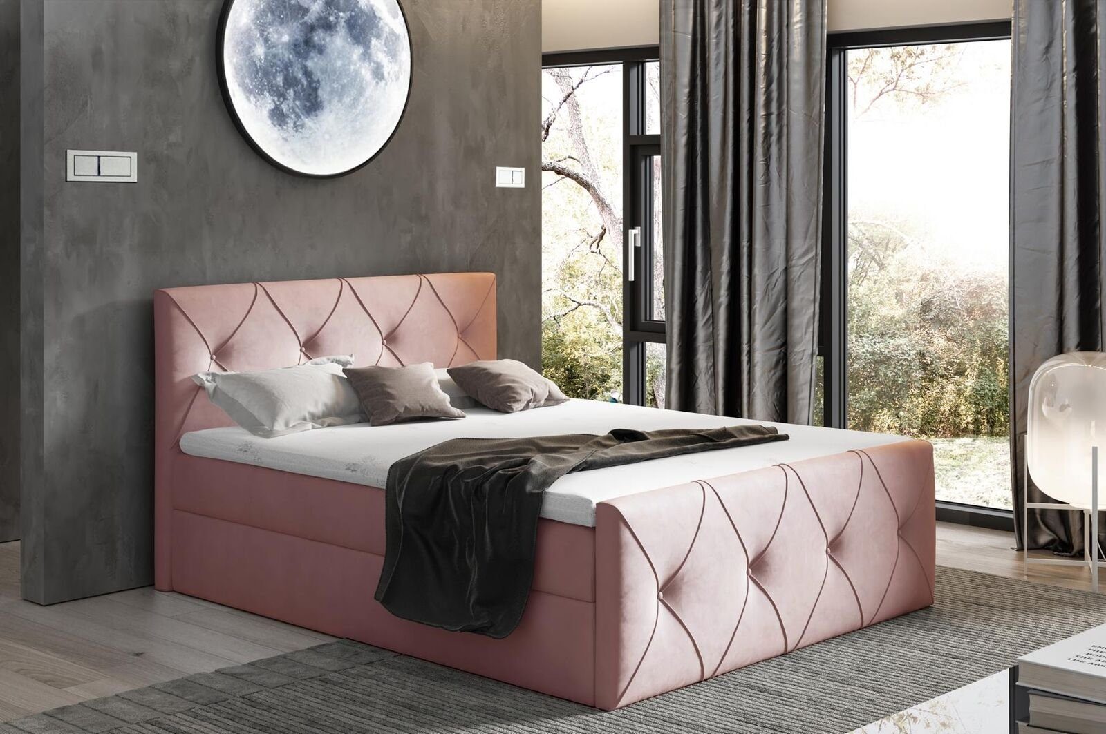 JVmoebel Boxspringbett, Bettkasten Bett Schlafzimmer Betten Boxspringbett Textil Design Doppel Rosa