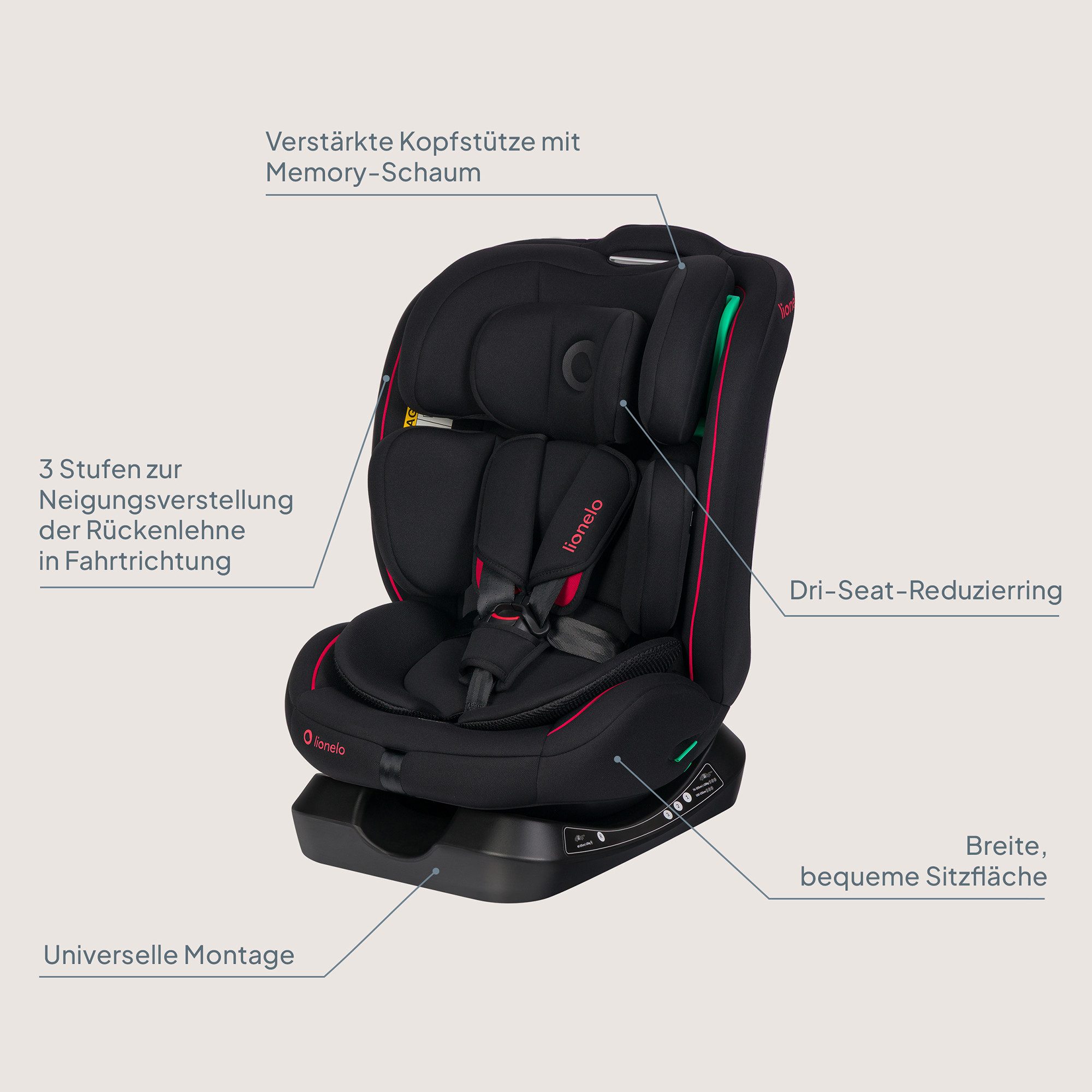 lionelo Autokindersitz AART I-SIZE, ab: ab Geburt, bis: 12 Jahre, ab: 40,00 cm, bis: 150,00 cm, (Autositz, Bedienungsanleitung, Verkleinerungseinsatz, Lendeneinsatz, Baby Card), i-SizeBreiter Anpassungsbereich Ein zusätzlicher Seitenschutz 4in1