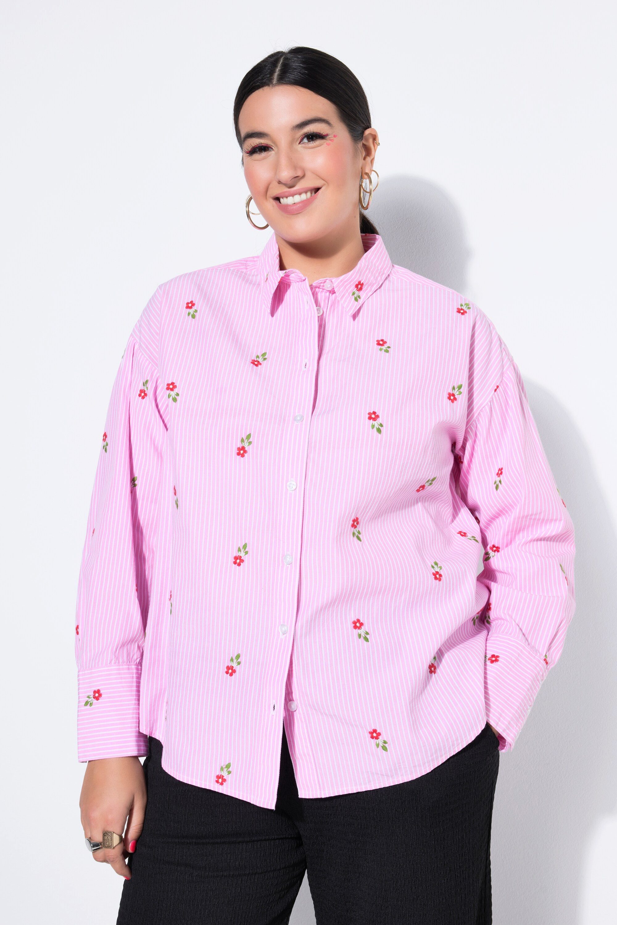 Studio Untold Hemdbluse Streifenhemd Oversize Shape Blüten-Stickmuster