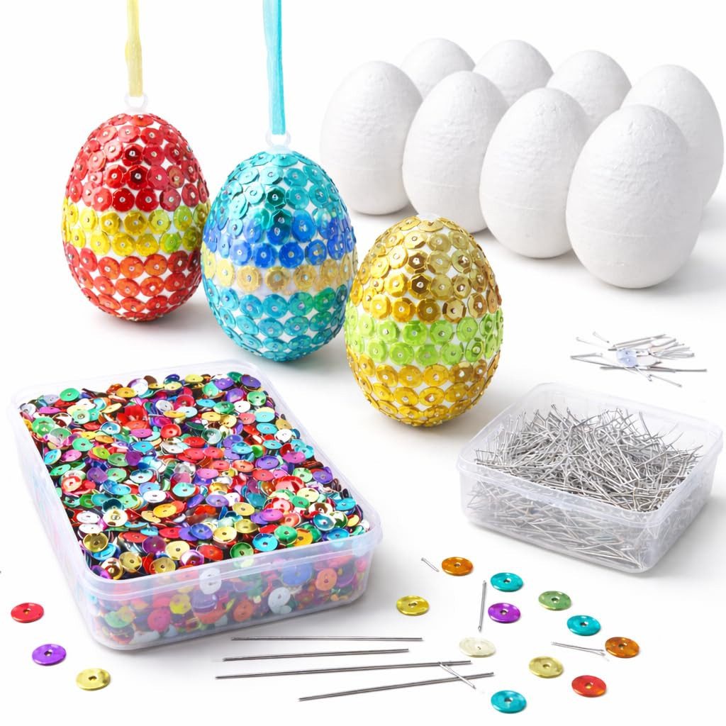 Hey!Easter® Styropor-Ei Ostern Bastel Set 10x Styroporeier - Bunte Pailetten - Stecknadeln, DIY Osterdekoration
