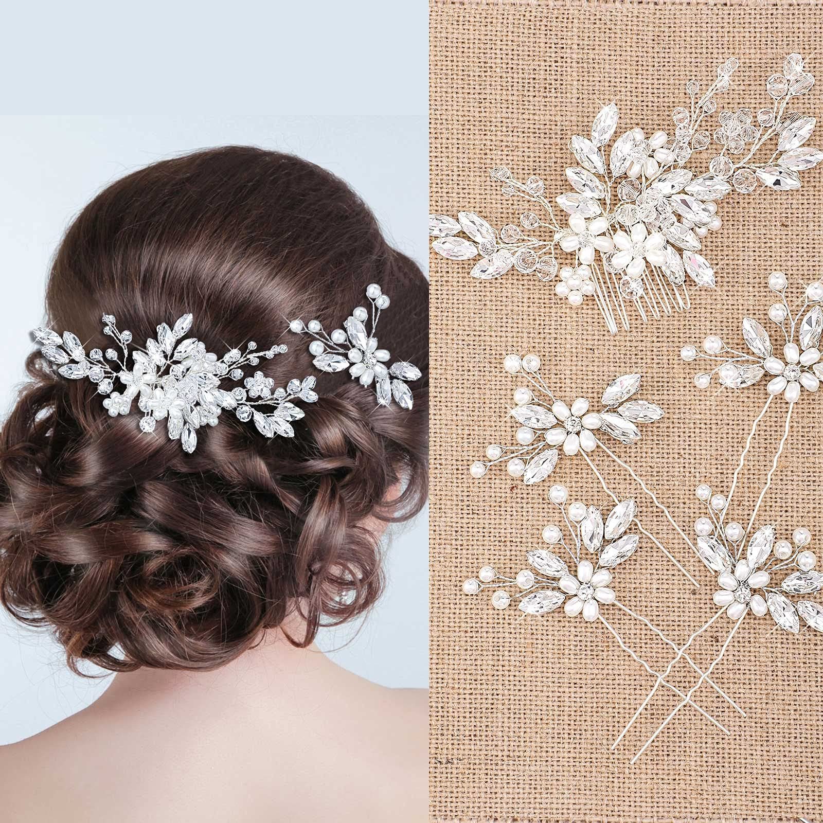ZEUOPQ Diadem Haarkamm 5 Stück Hochzeit Haarschmuck Set, Perle Strass Brautschmuck (Haarschmuck-Set für Hochzeiten mit Haarkamm und Haarnadeln, 1 Haarkamm aus Kristall und 4 Strass-Haarnadeln für elegantes Styling), Hochwertig, langlebig, verstellbar, leicht zu tragen