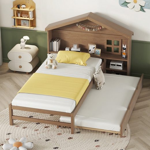 HAUSS SPLOE Holzbett 90*200cm hausförmiges Kopfteil mit Lagerregal, Massivholz, Braun