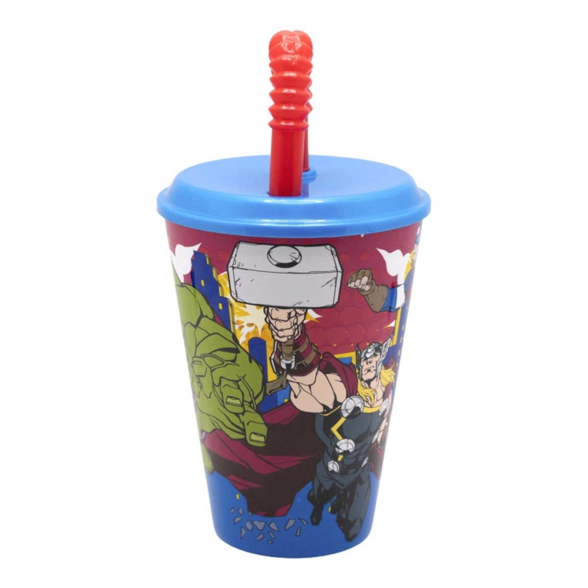 MARVEL Trinkflasche Trinkbecher 430 ml mit Deckel und Strohhalm