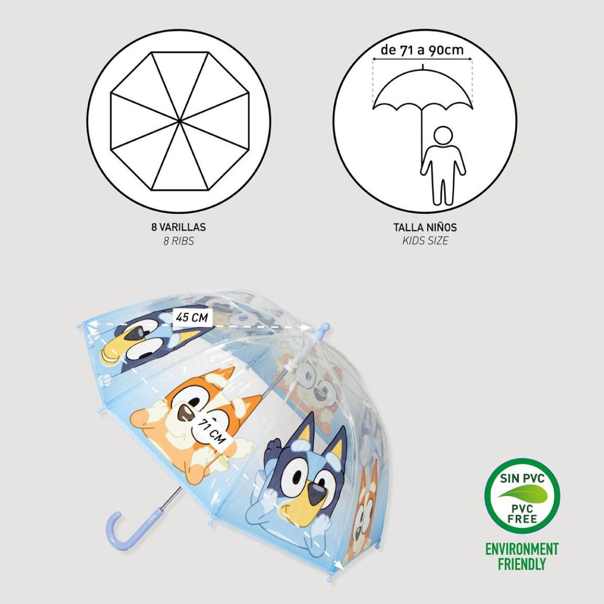 Bluey Regenschirm-Wanderstock Kinder Ø 45 cm Regenschirm manueller Bubble-Schirm & Wetterschutz – Bild 4 von 5