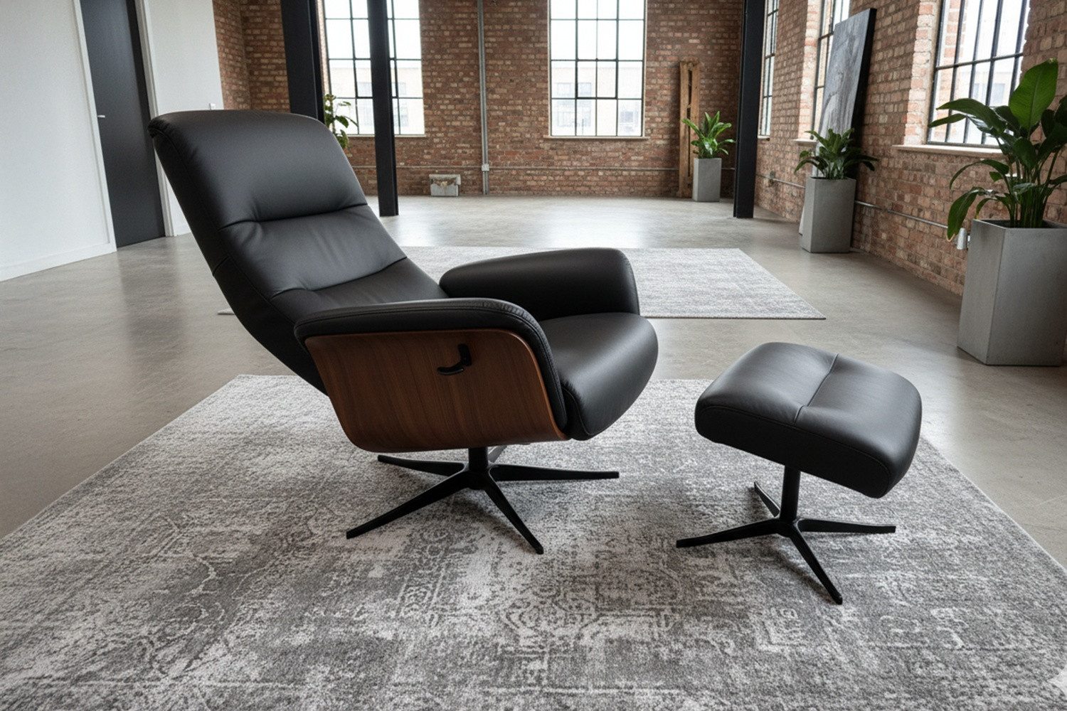 KAWOLA Relaxsessel SILVA Leder schwarz Komfort Drehsessel – Bequem, 360° drehbar, Relaxfunktion, Kopfstütze, inklusive Fußhocker