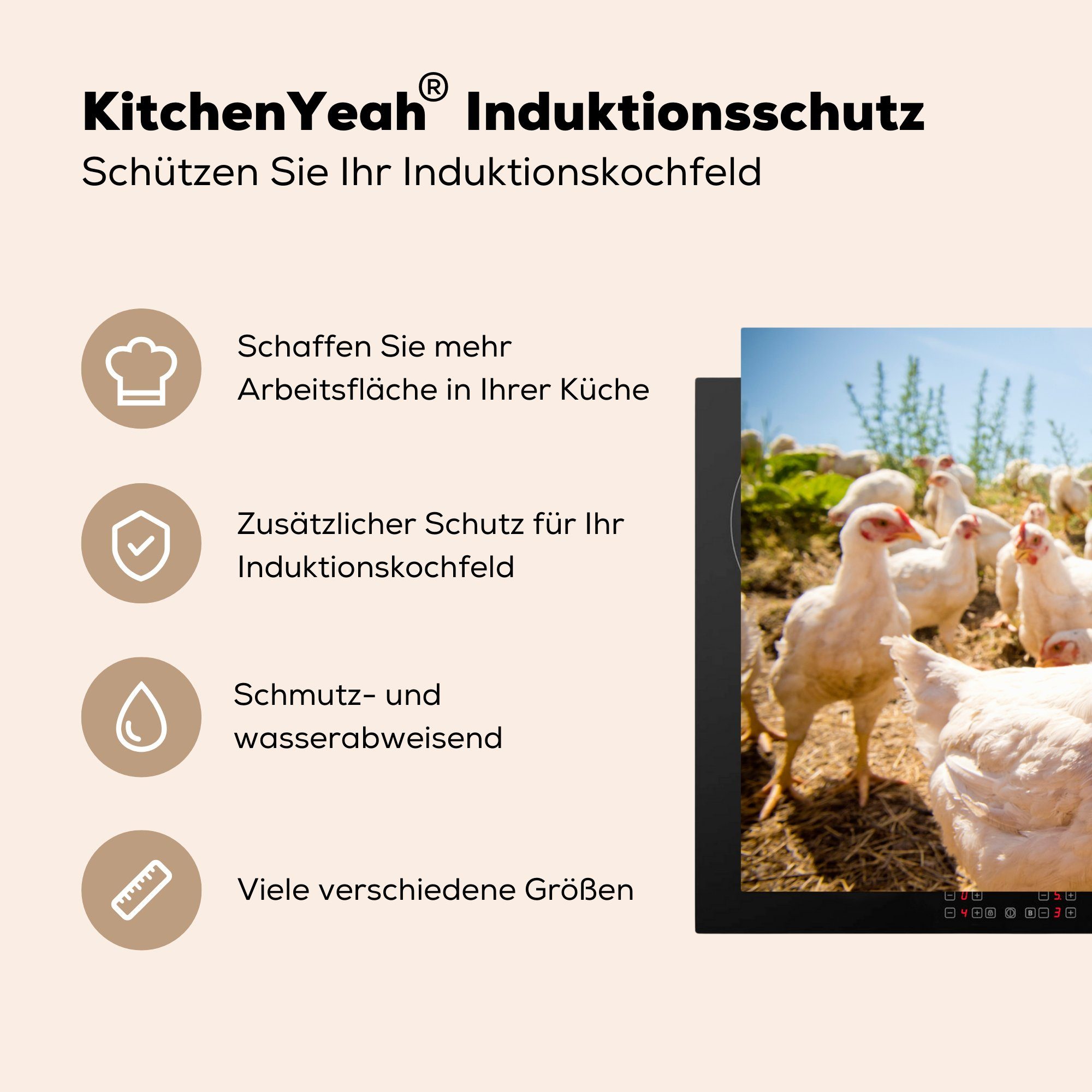 Induktionskochfeld 81x52 Ceranfeldabdeckung Herdblende-/Abdeckplatte im MuchoWow küche, Freiland, Vinyl, die cm, Hühner Schutz tlg), (1 für