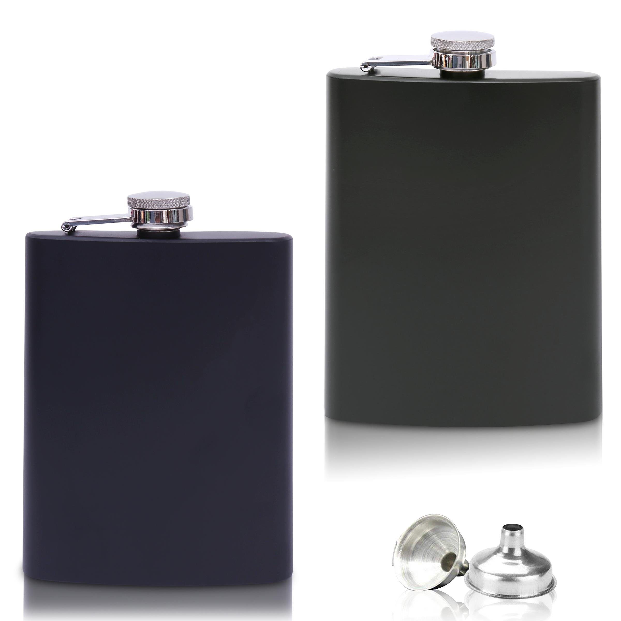 Flanacom Flachmann 2x Flachmann Edelstahl - 2 Trichter - Militär, Rostfrei, Schwarz und Grün in Matt