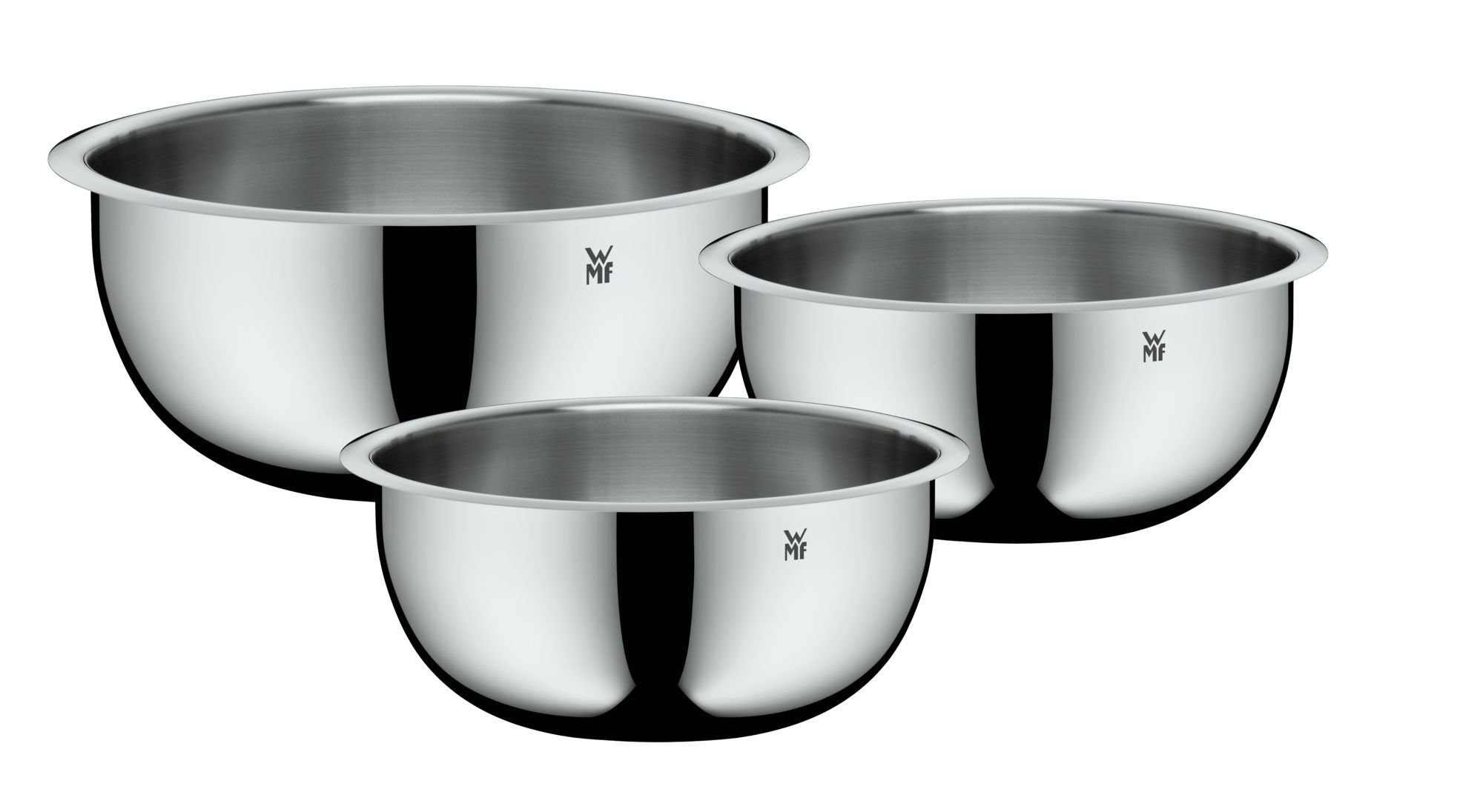 WMF Schüssel Gourmet Küchenschüssel-Set, 3-teilig, Cromargan Edelstahl rostfrei 18/10, (1x Küchenschüssel Ø 16 cm (Höhe 7,8 cm, V 1,0l), 1x Küchenschüssel Ø 18 cm (Höhe 8,7 cm, V 1,5l), 1x Küchenschüssel Ø 24 cm (Höhe 11,5 cm, V 4,0l), 3-tlg), platzsparend da stapelbar, Spritzschutz, tropffreies Ausgießen