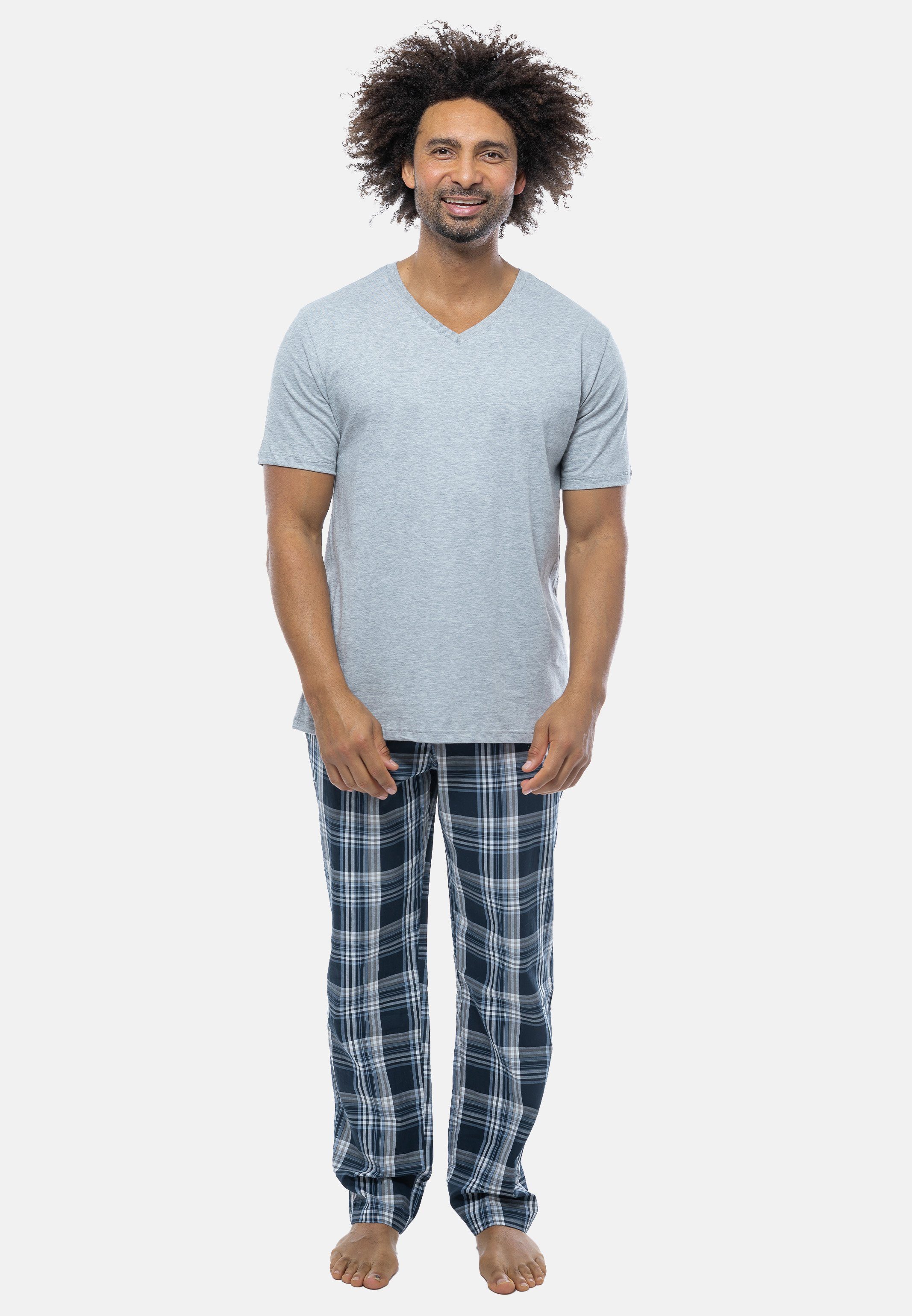 Schiesser Pyjama Mix (Set, 2 tlg) Schlafanzug - Baumwolle - Kurzarm-Shirt  mit V-Ausschnitt, Lange Hose mit seitlichen Taschen und Bindeband aus  Webstoff