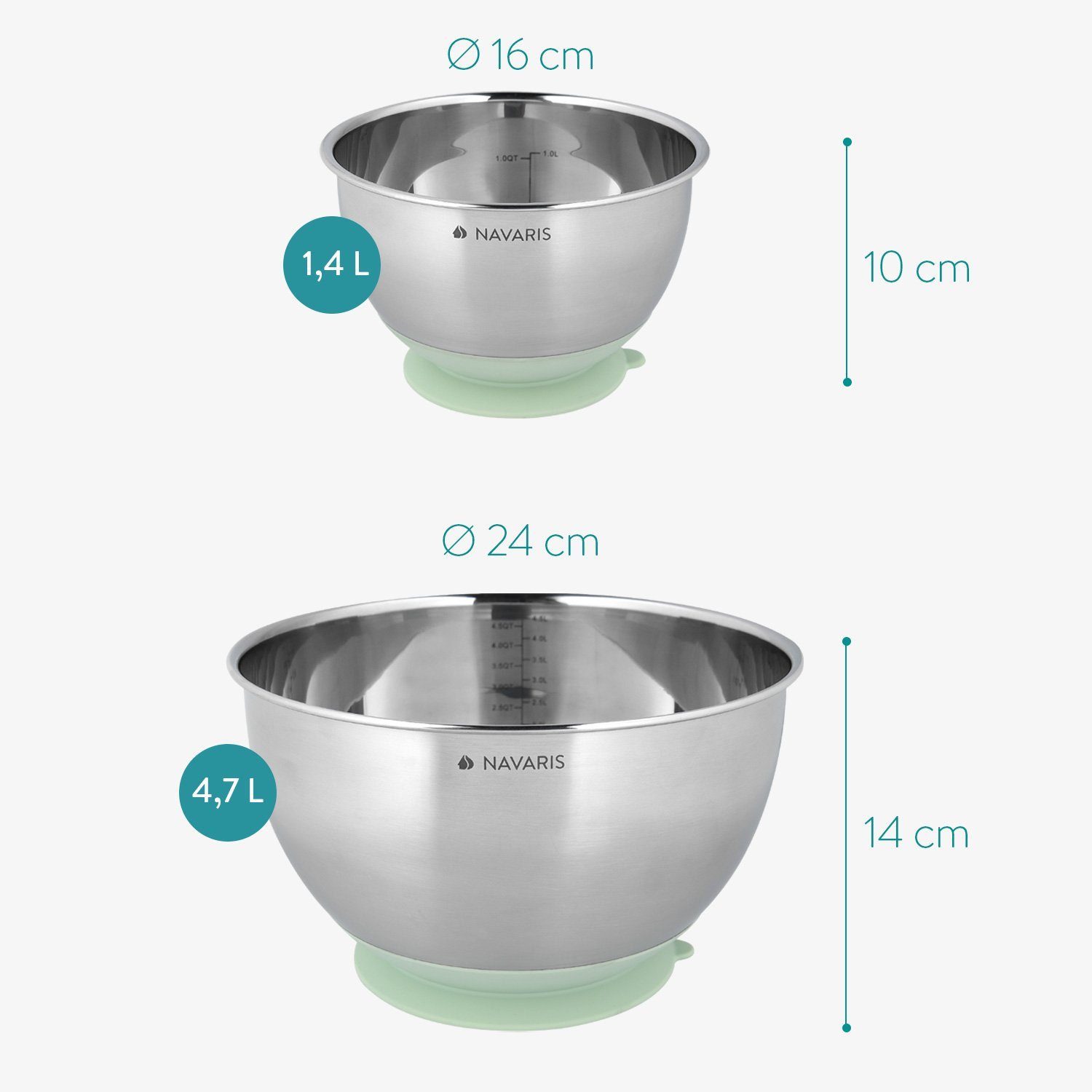 Mintgrün, 2-teiliges Navaris Edelstahl-Schüsselset Edelstahl, mit und (2-tlg) Saugnapf Aufbewahrungsschüssel