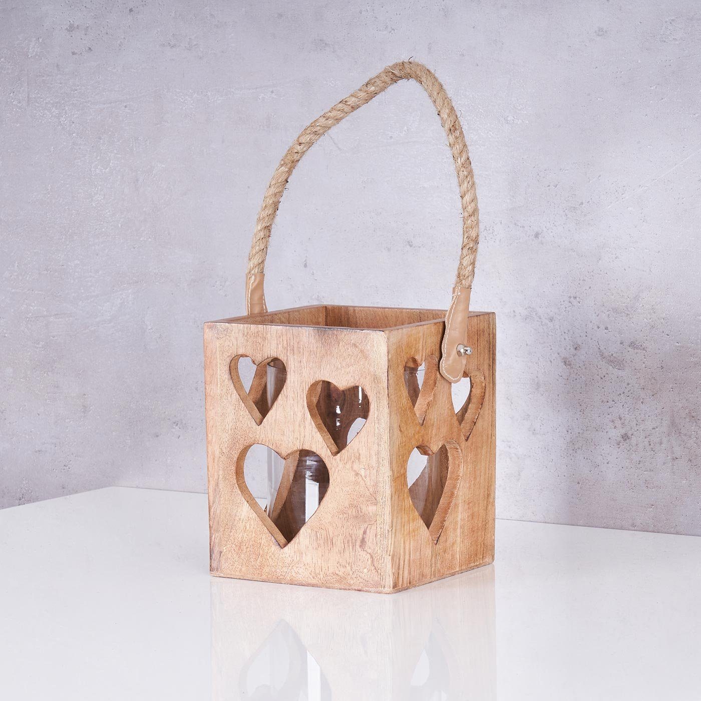 Levandeo® Teelichthalter, Windlicht Herz 15x18x15cm Braun Mangoholz Laterne Glas Teelichthalter