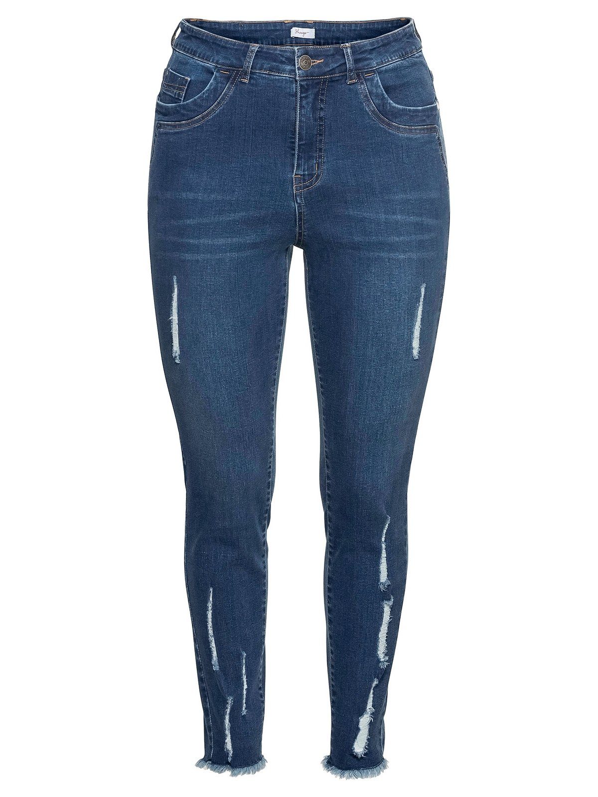 Damen Jeans Sheego Stretch-Jeans sheego Ankle-Jeans Die Skinny, mit Destroyed- und Used-Effekten