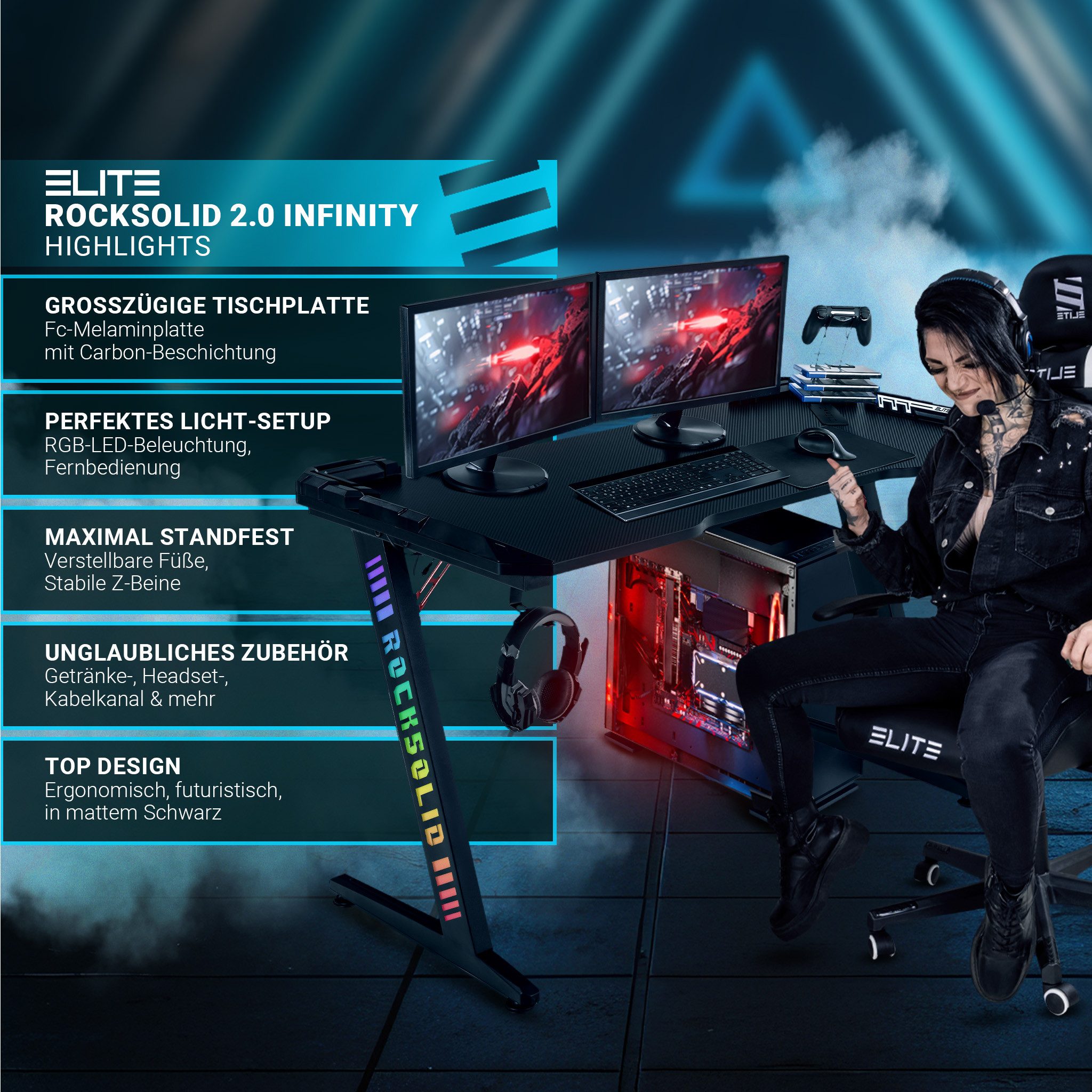 ELITE Gaming Gamingtisch Rocksolid Gamer Schreibtisch mit LED-Beleuchtung ( günstig online kaufen