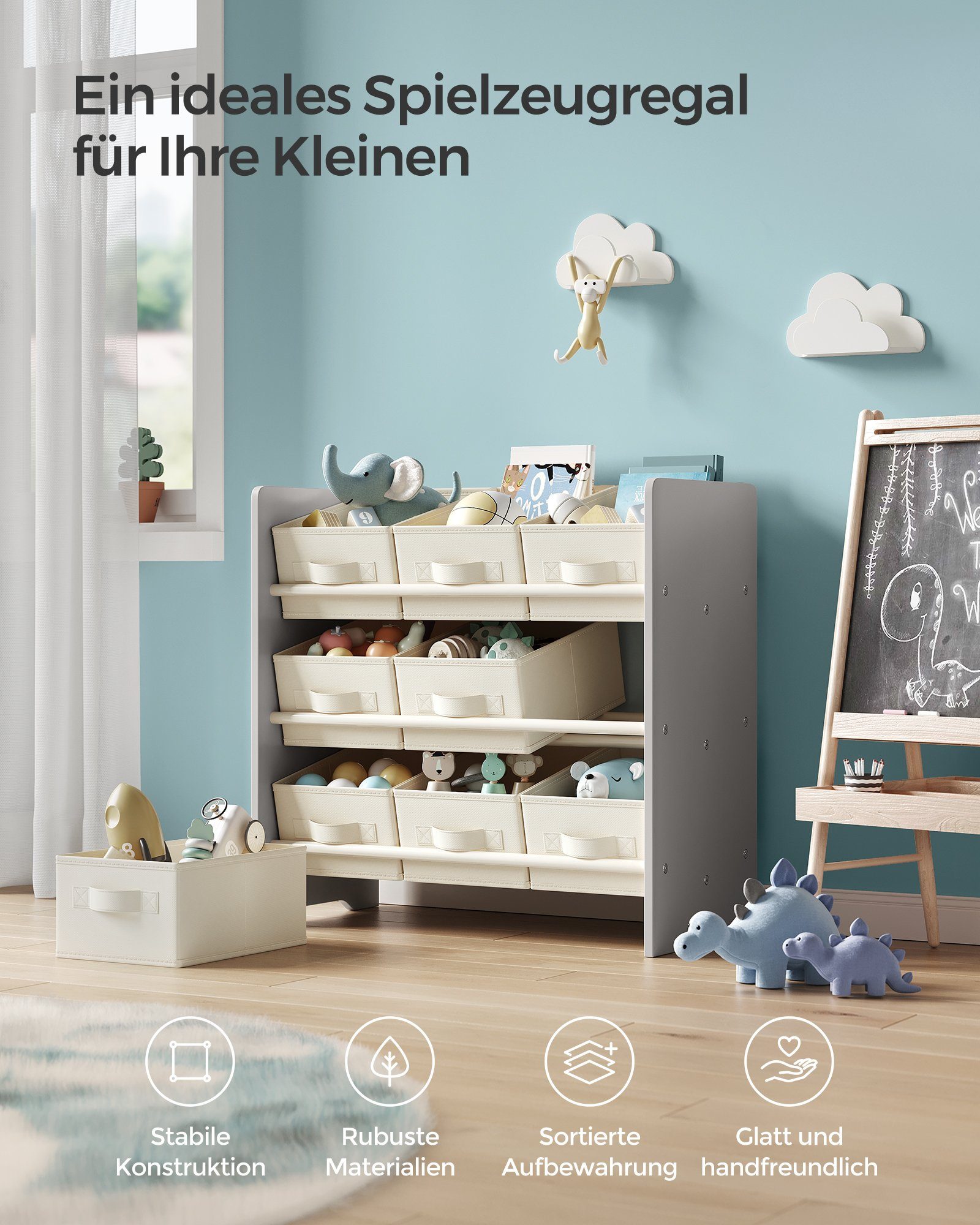 SONGMICS Spielzeugtruhe Kinderregal Bücherregal Kinder, mit 9 Aufbewahrungsboxen aus Vliesstoff, Kinderzimmer Regal