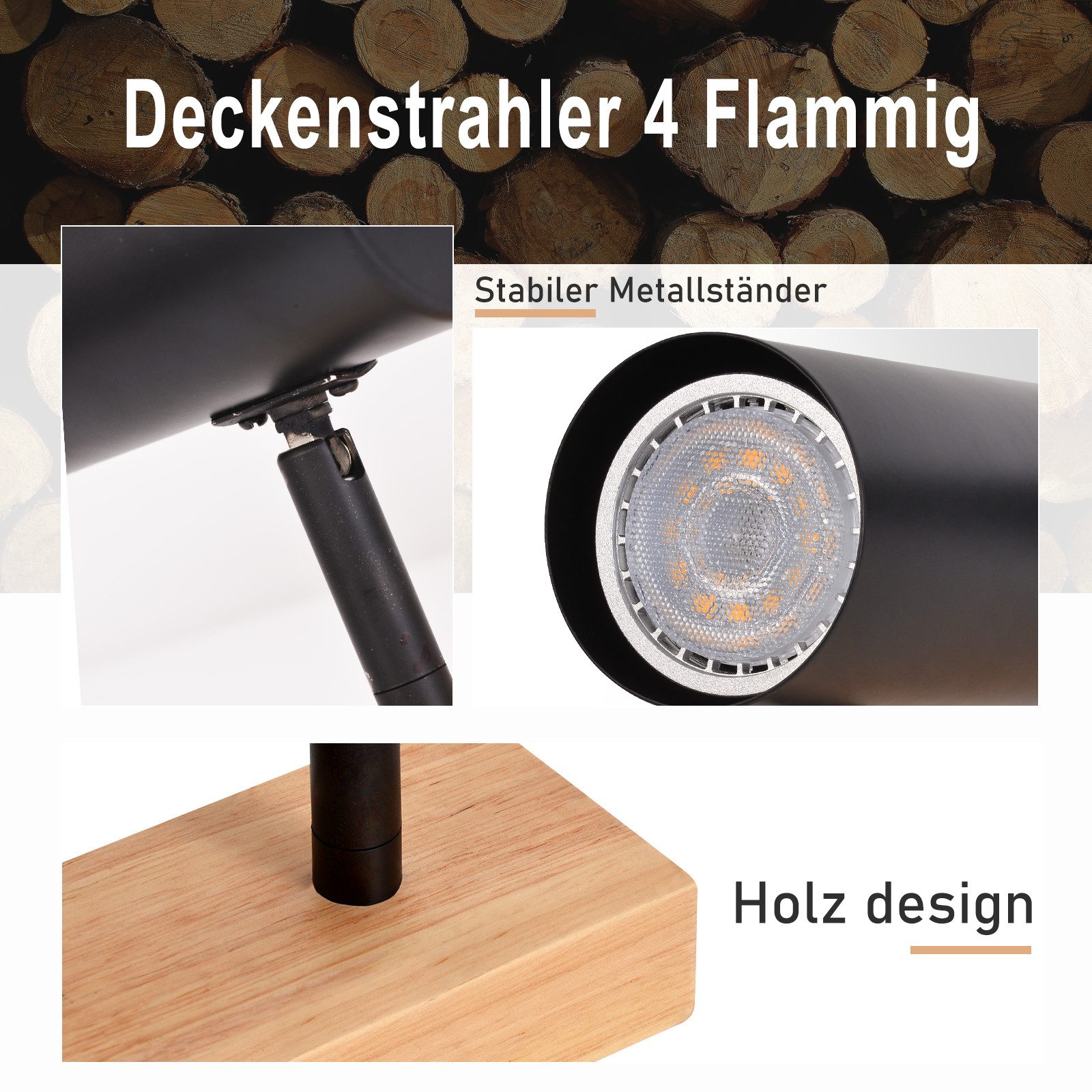 ZMH Deckenstrahler 4 Flammig Holz - Schwarz/Weiß Deckenlampe für Flur Schlafzimmer, Multiszenen-Einsatz, ohne Leuchtmittel – Bild 4 von 5