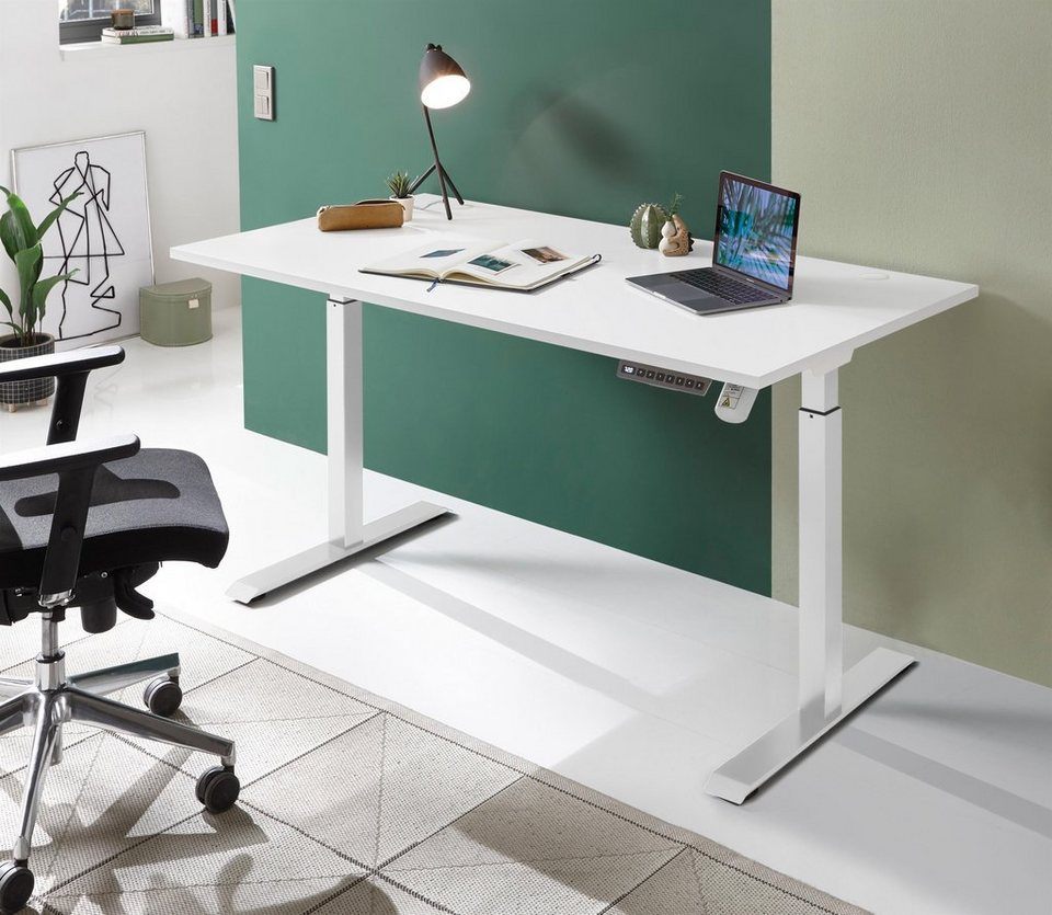 möbelando Schreibtisch Tolentino, Praktischer, höhenverstellbarer  Schreibtisch in Weiß mit Tischplatte aus Spanplatte und Gestell aus Metall. Breite  160 cm, Höhe 72-120 cm, Tiefe 77 cm