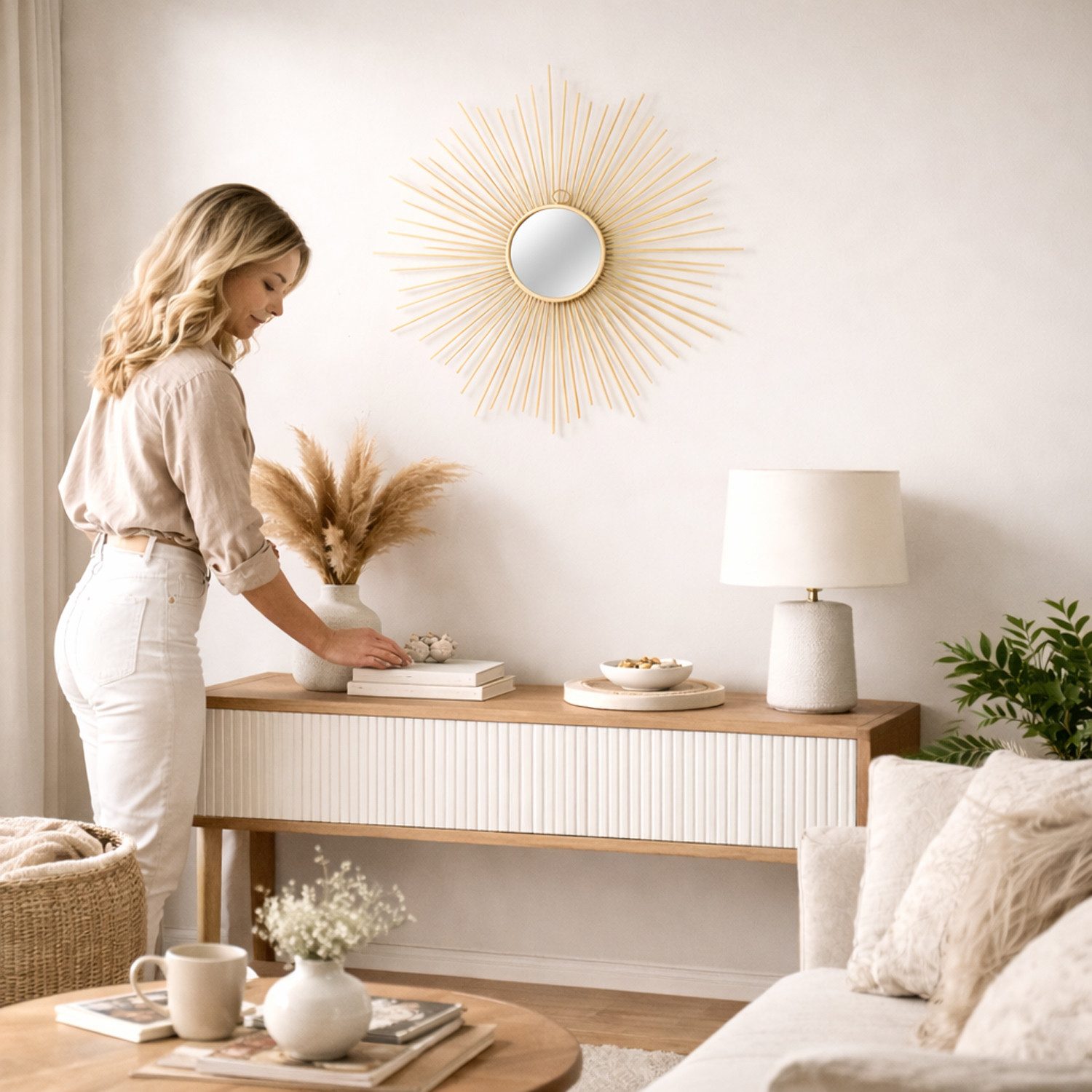 Mojawo Spiegel Hängespiegel Wandspiegel Dekospiegel Sonne Metall Gold Ø65cm günstig online kaufen