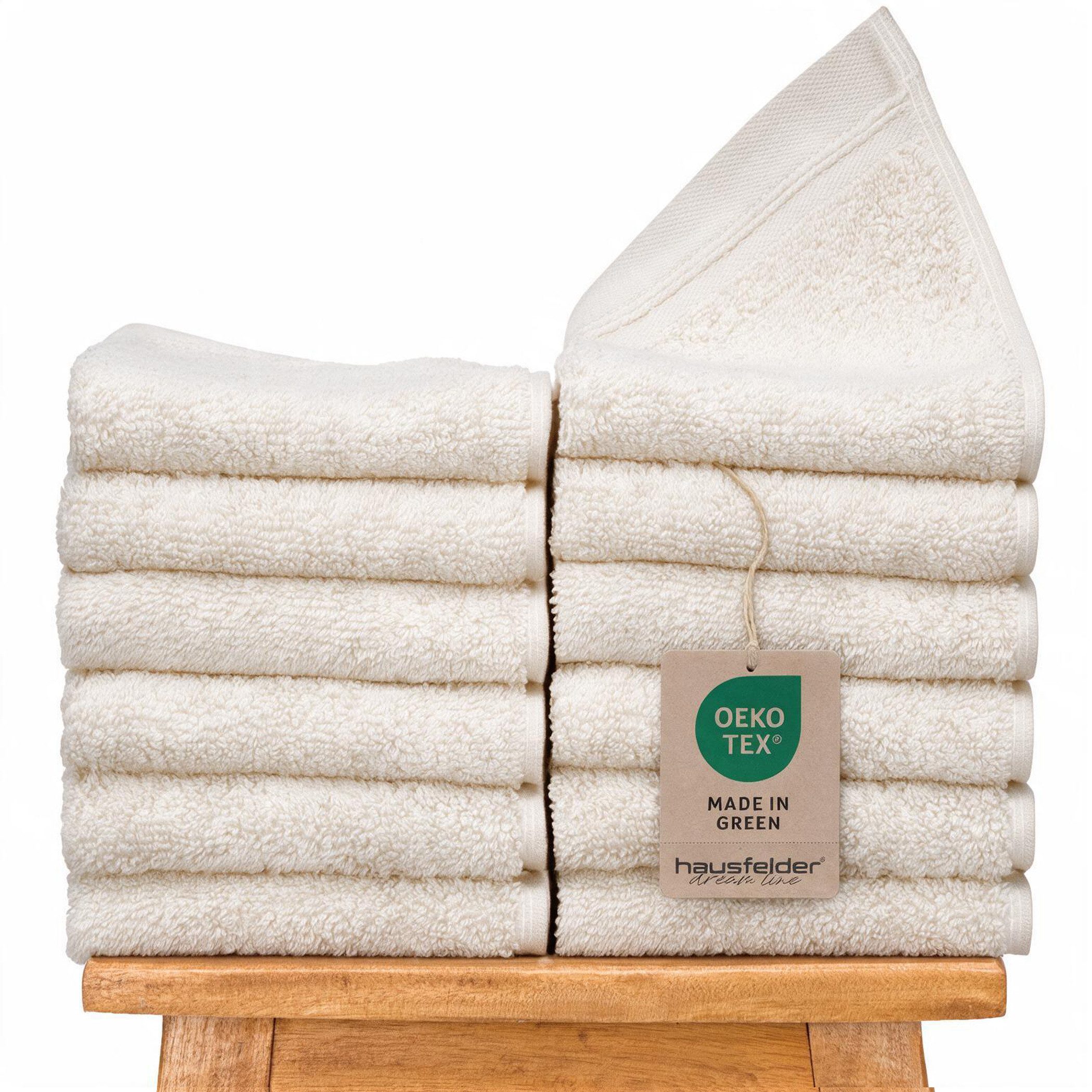 Hausfelder Gästehandtücher Gästehandtücher Offwhite Hellbeige 12 Gästehandtücher 50x30cm), Baumwollfrottee (Set, 12-St), Mit Aufhängeschlaufen, 100% Baumwolle, weich, saugfähig, Uni-Farben