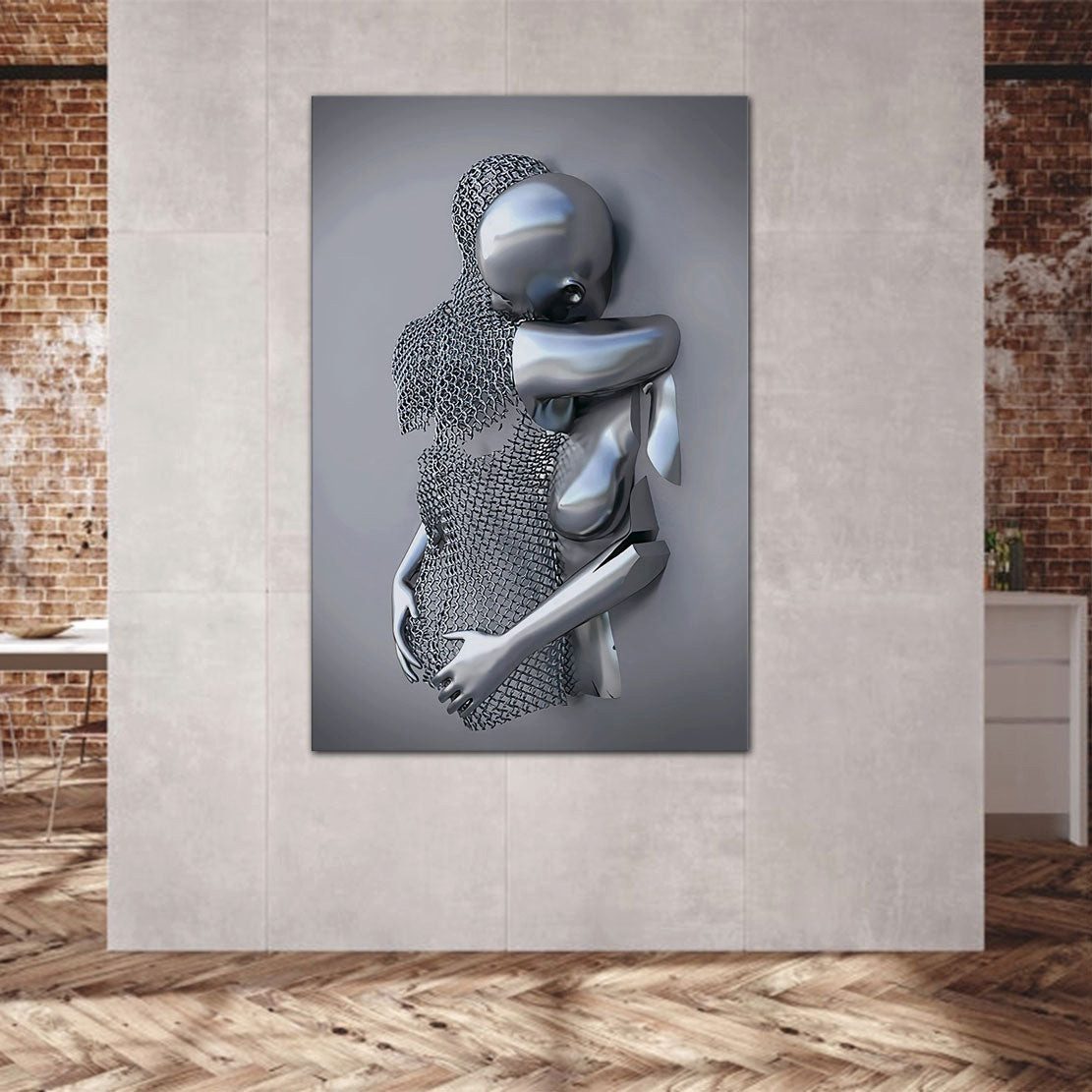 Artedinoi Leinwandbild Metallfiguren Umarmung surreal Silber Leinwandbild Wandbild XXL, Zwei Metallfiguren, surreal