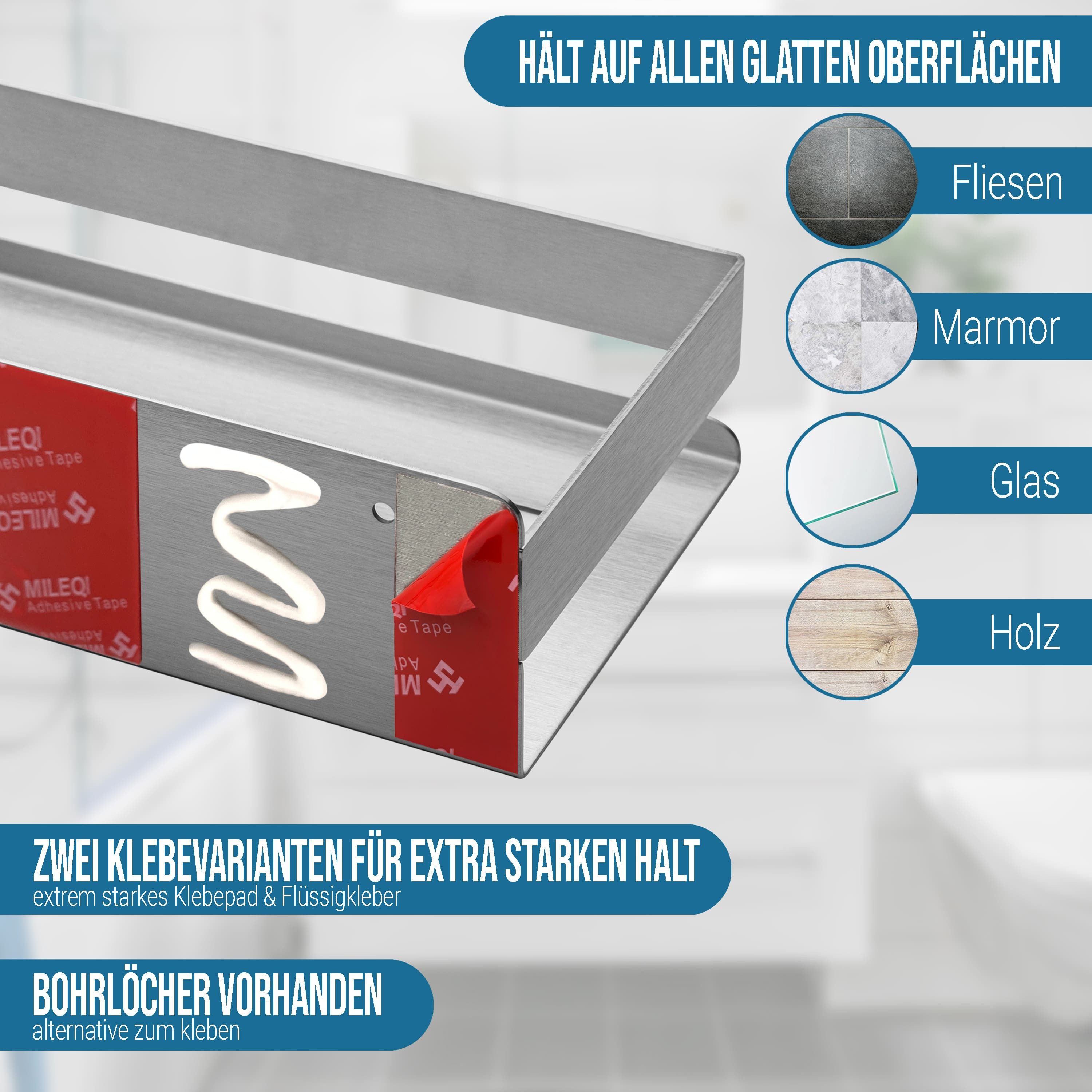 Dolvhin Duschablage ohne Bohren, Duschregal Edelstahl, Duschkorb Aufbewahrung Badregal, Badablage, zum Bohren oder Kleben inkl. extra starkem Klebeset