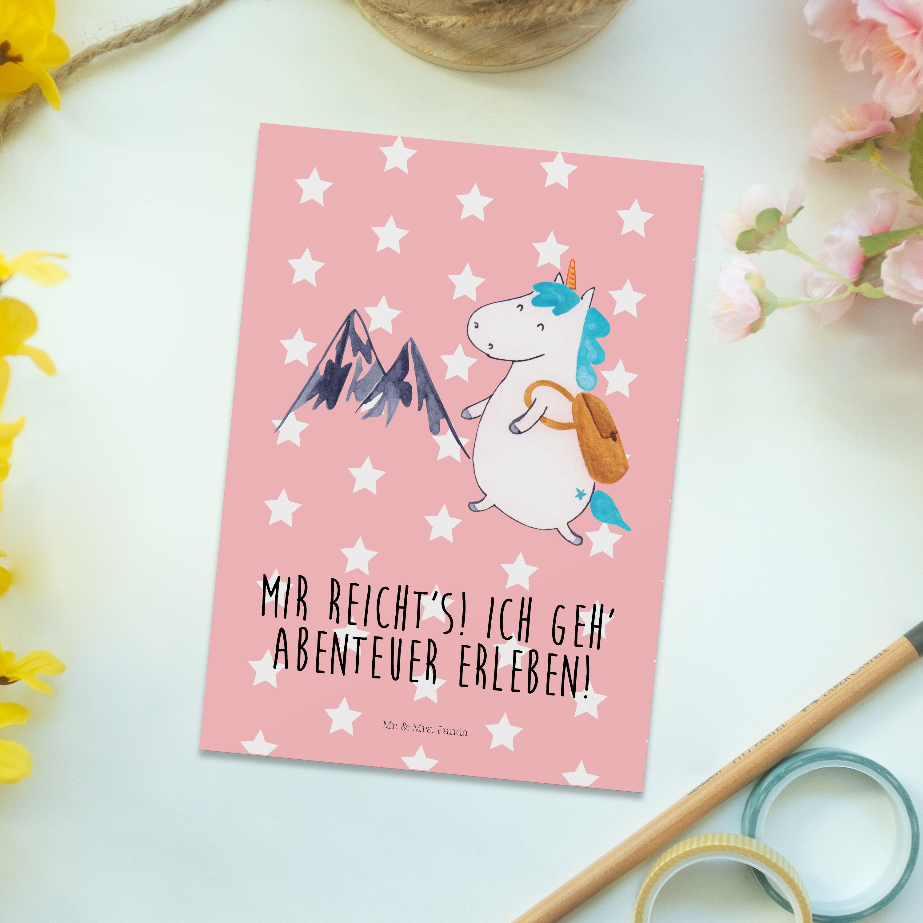 Mr. & Mrs. Panda Postkarte - Pastell Weltre Rot Bergsteiger Geschenk, Einladungskarte, Einhorn 