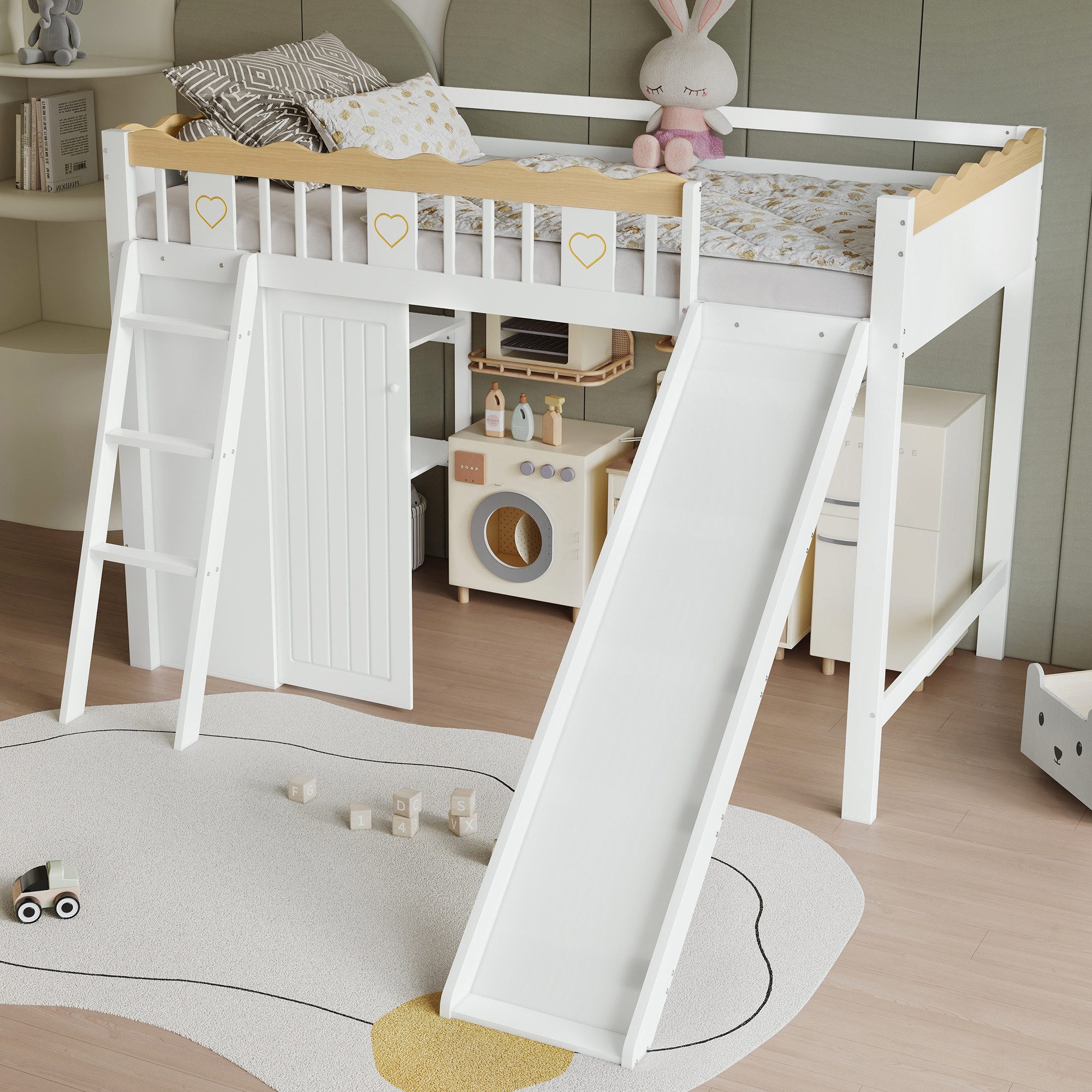 Flieks Hochbett Kinderbett 90x200cm mit Rutsche, Leiter, Kleiderschrank und Regal