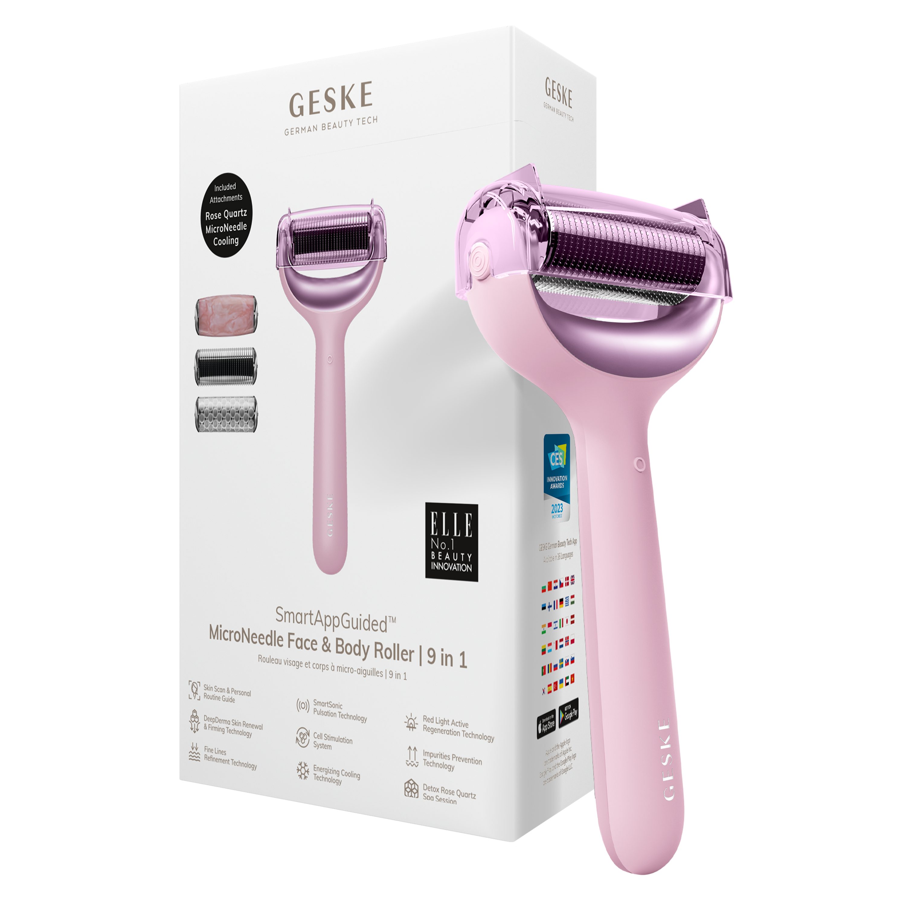 GESKE German Beauty Tech Micro-Needling SmartAppGuided™ MicroNeedle Face & Body Roller 9 in 1, Packung (Gerät & USB-Ladekabel), 5-tlg., Gerät inkl. kostenloser APP (SmartAppGuided Device), Mit der GESKE App erhältst Du deine personalisierte Hautpflegeroutine. Pink | Dermaroller