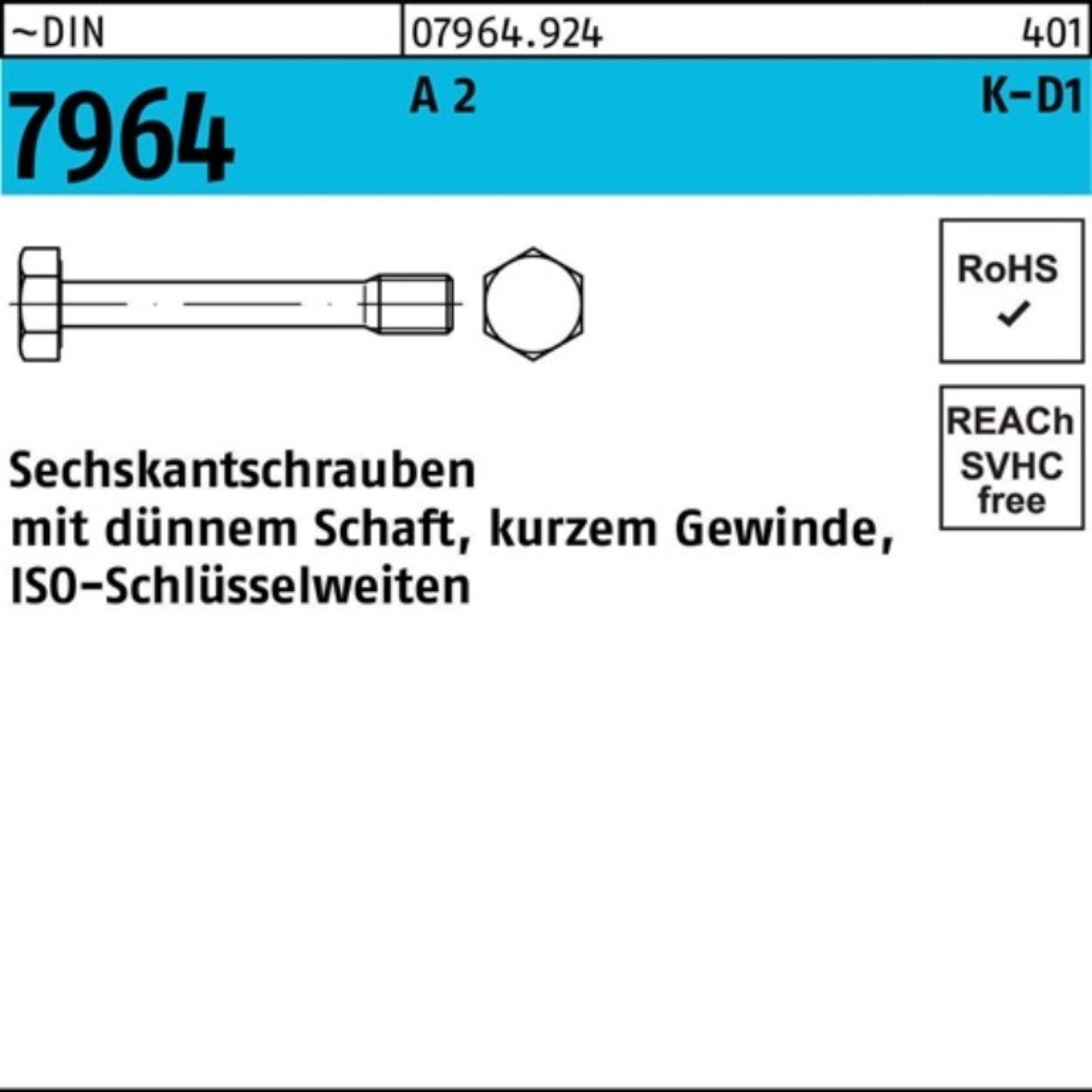Reyher Schraube 100er M8x 2 DIN Pack A 100 Schaft 7964 30/10 Stüc Dünnschaftschraube