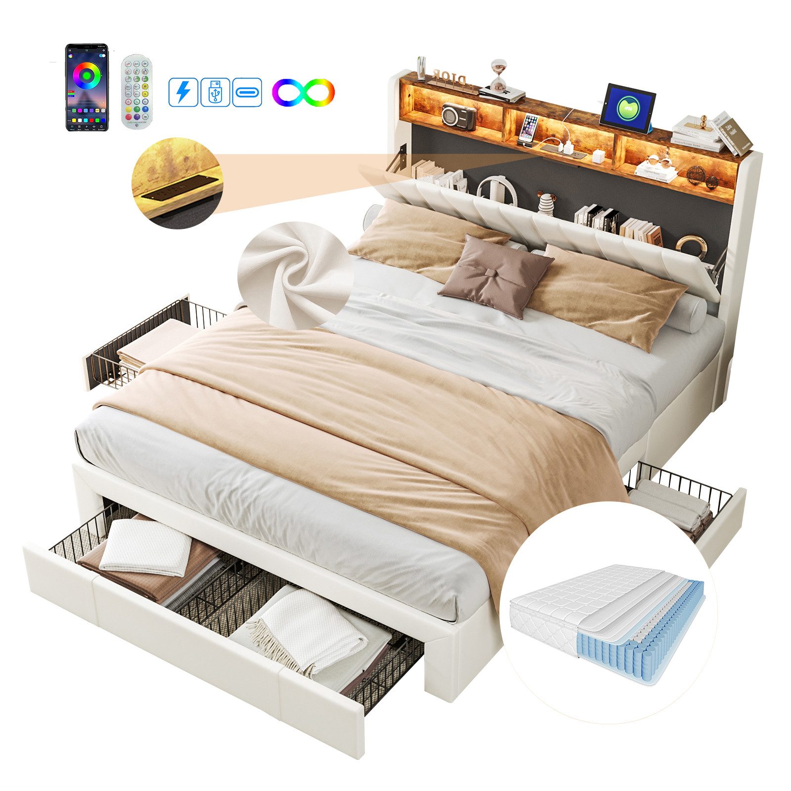 FUROKOY Polsterbett Doppelbett,Funktionsbett Stauraumbett mit LED-Licht günstig online kaufen