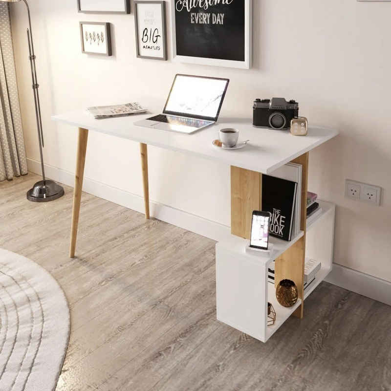 Moblix Schreibtisch MALIX Bürotisch, Computertisch, mit 4 Ablagen, 120x60x73 cm (Büromöbelstück, weißer Finish, Natur Holz)