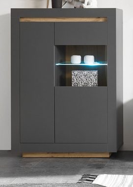 Furn.Design Highboard Rooky (Vitrine 2-türig Anthrazit, 96 x 136 cm), matt, mit Eiche Wotan