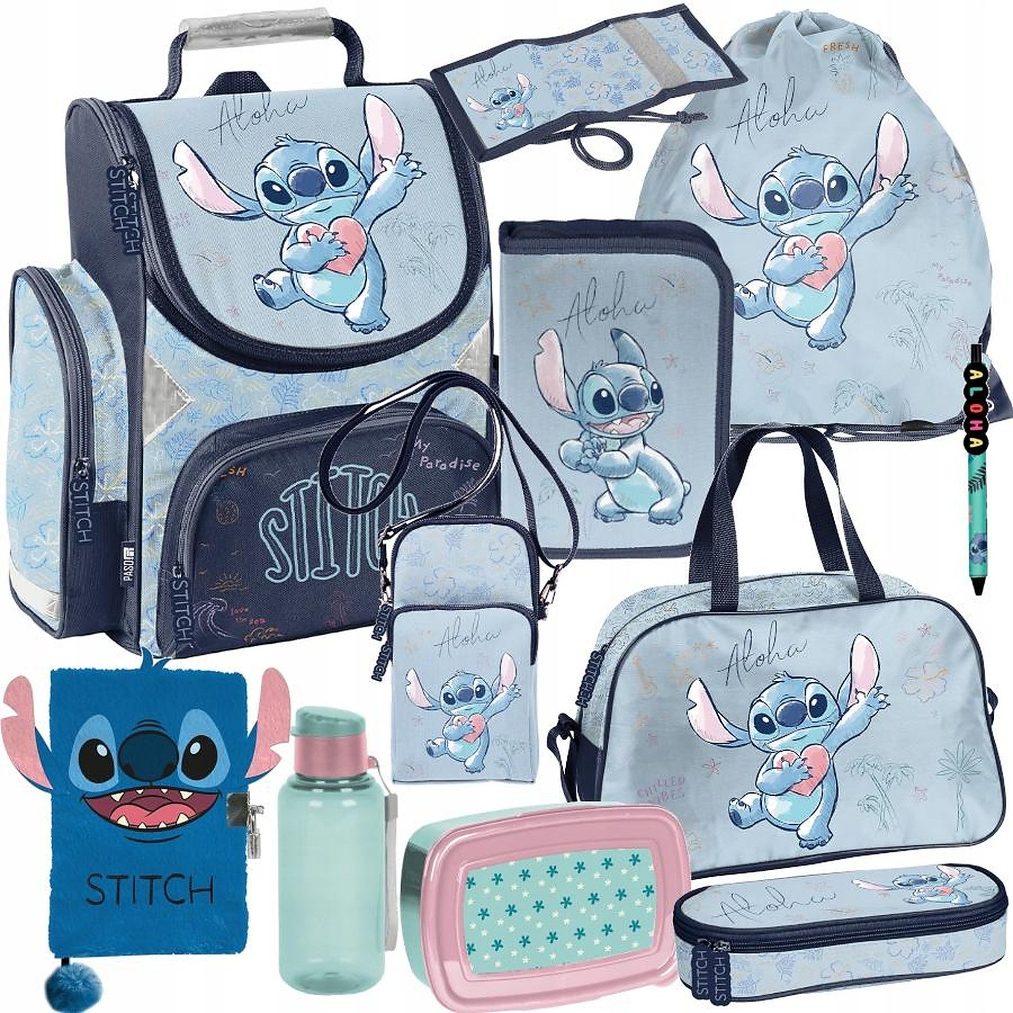 PASO Schulrucksack Mega Schulset XXL - Lilo & Stitch Disney (Schulset, 11-tlg), Schulranzen-Set Für Jungen & Mädchen Klasse 1–4