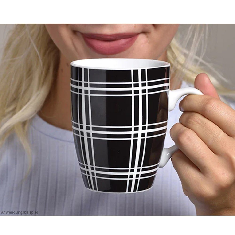 matches21 HOME & HOBBY Tasse Kaffeetassen 4er Set Streifen & Karo-Design, Porzellan, Tee Kaffee-Becher, klassisch, schwarz weiss gestreift, 300 ml