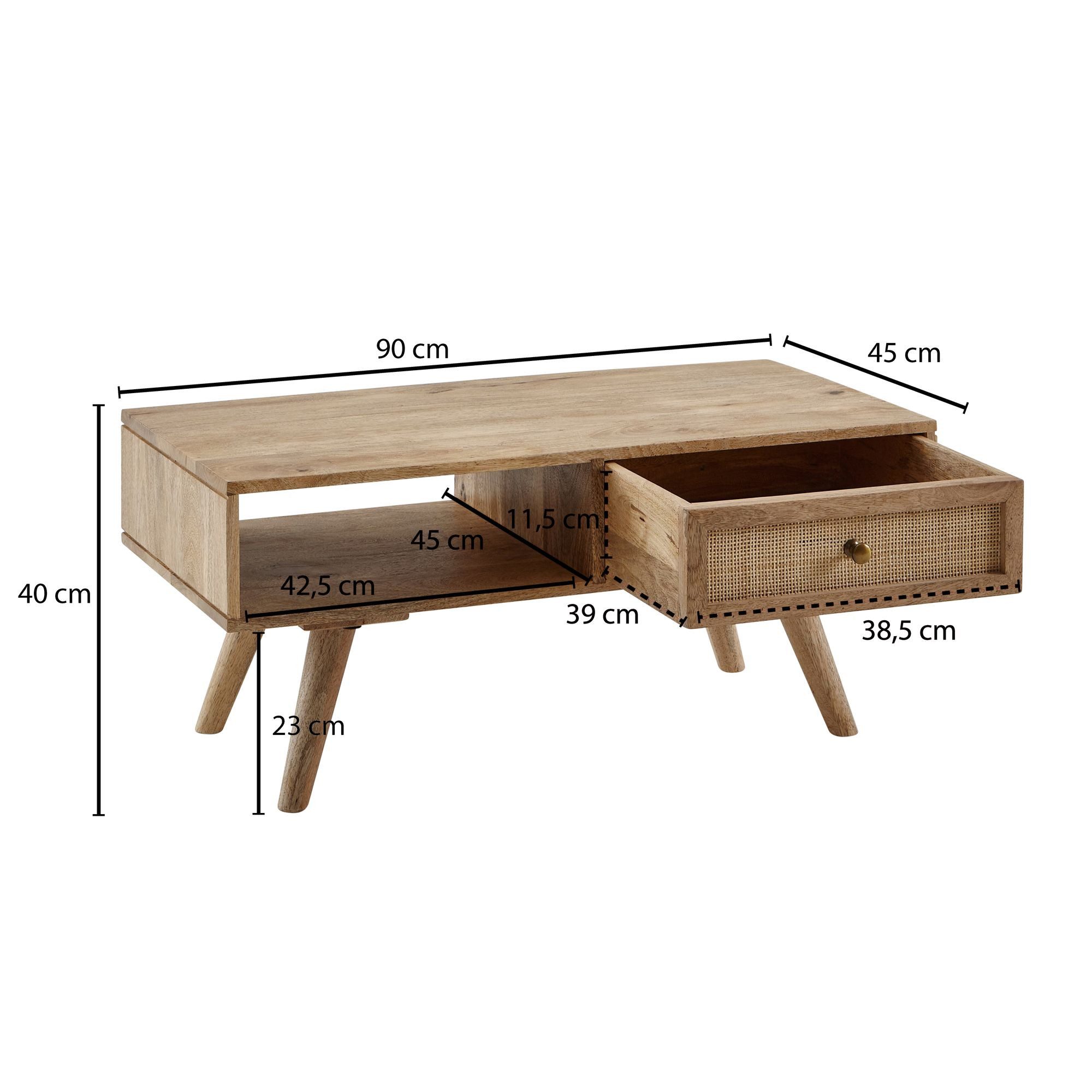 FINEBUY Couchtisch FB60940 90cm Massiv Rattan Wohnzimmertisch eckig Ablage Schublade (90x40x45 cm Mango Massivholz / Rattan Rechteckig), Sofatisch Rechteckig, Wohnzimmertisch Schublade