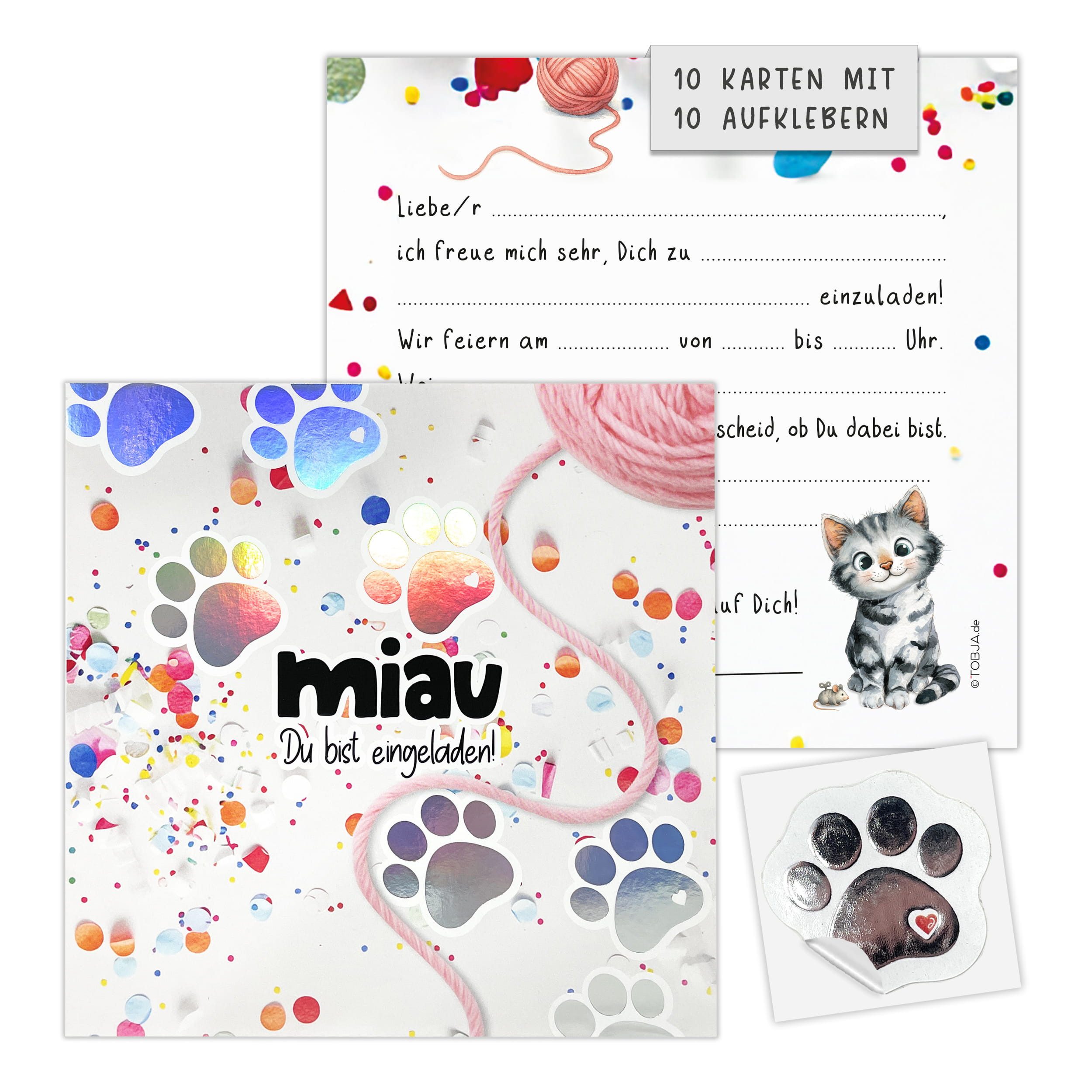 TOBJA Einladungskarten XXL Einladungskarten Katze Konfetti 10er Set Sticker Silberfolie, Kindergeburtstag Mädchen Geburtstag Einladung Kinder