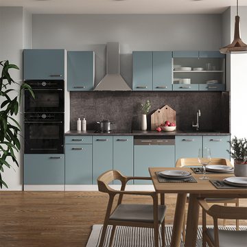 Livinity® Küchenzeile R-Line, Blau-Grau/Weiß, 300 cm mit Hochschrank, AP Eiche
