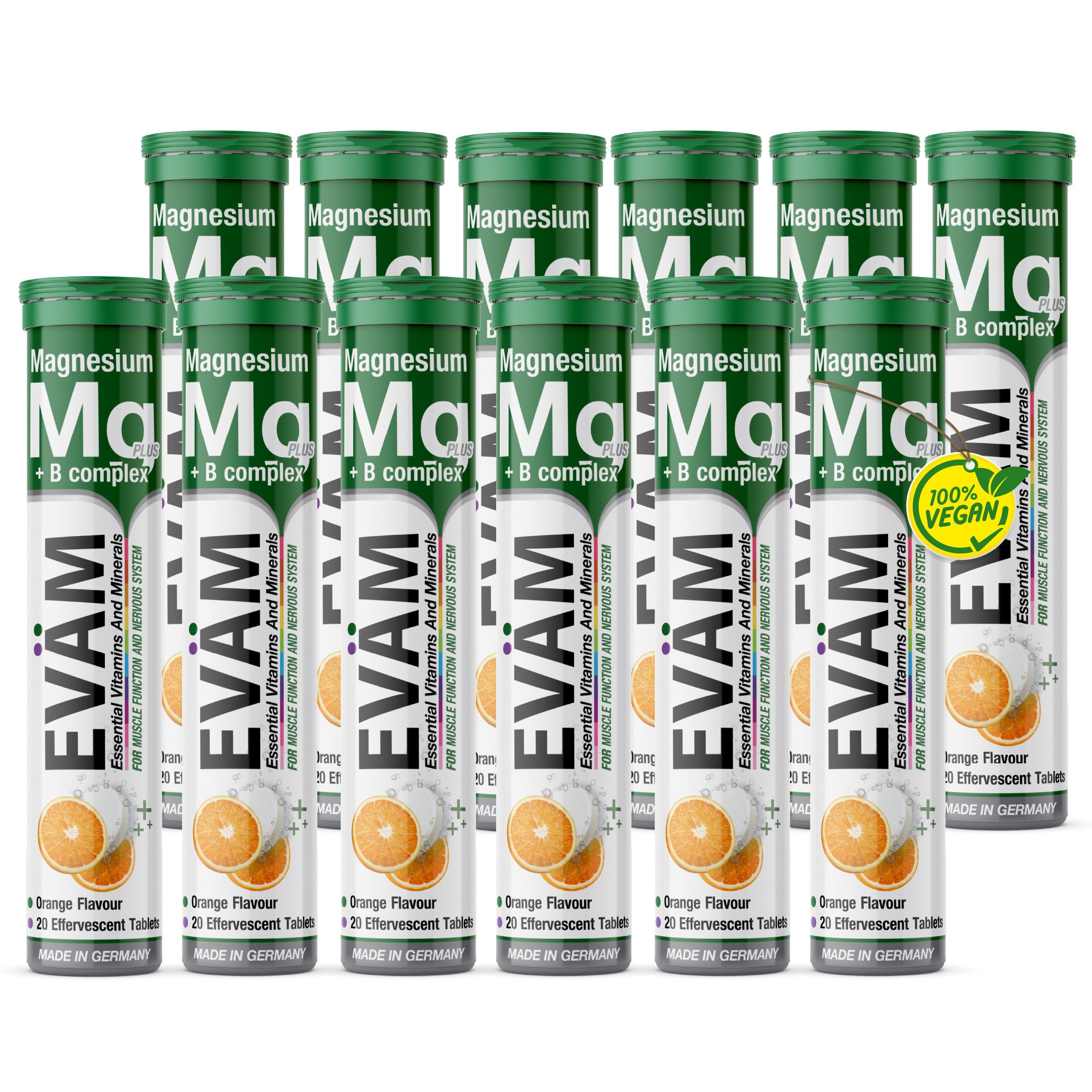 EVÄM Magnesium + B-Komplex Brausetabletten, Orange, vegan Brausetabletten, 12 er Packung à 20 St., 888 g, Made in Germany